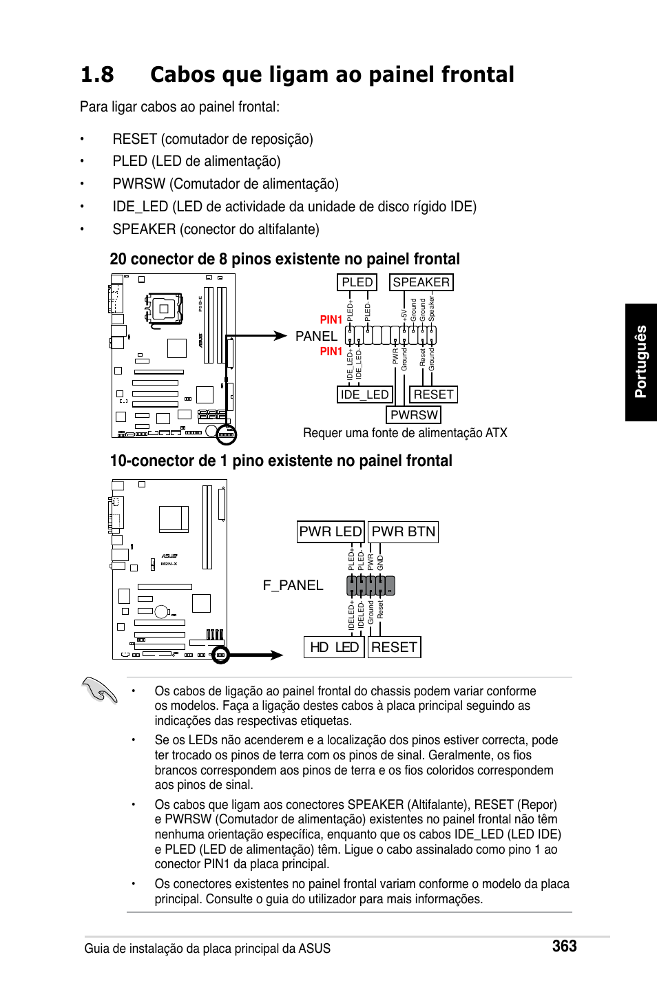 8 cabos que ligam ao painel frontal, F_panel, Hd led reset pwr led pwr btn | Asus M2Ne User Manual | Page 364 / 691