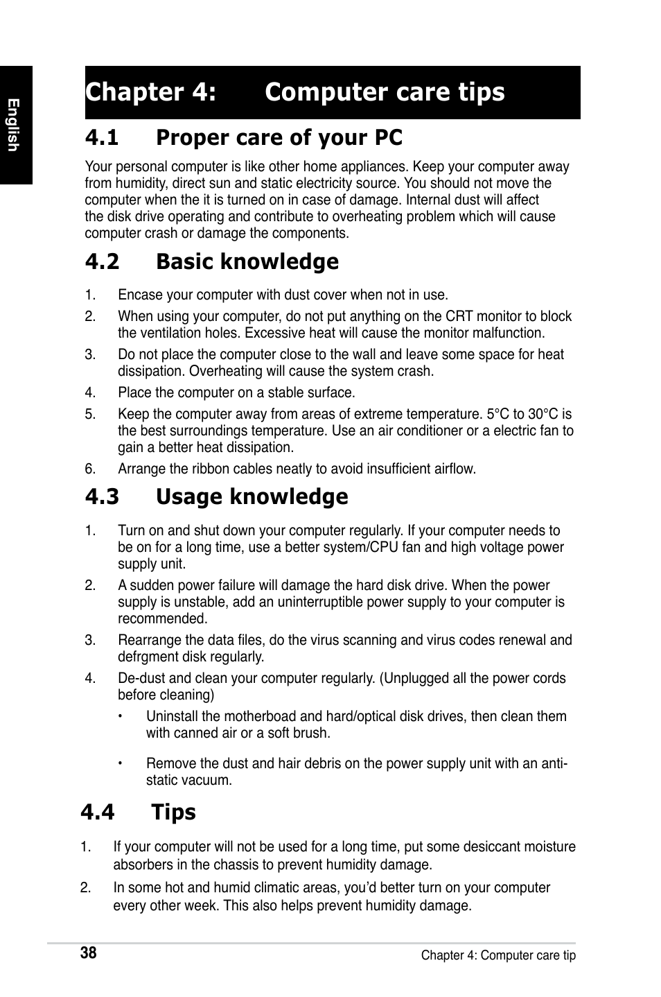 Chapter 4: computer care tips, 1 proper care of your pc, 2 basic knowledge | 3 usage knowledge, 4 tips | Asus M2Ne User Manual | Page 39 / 691