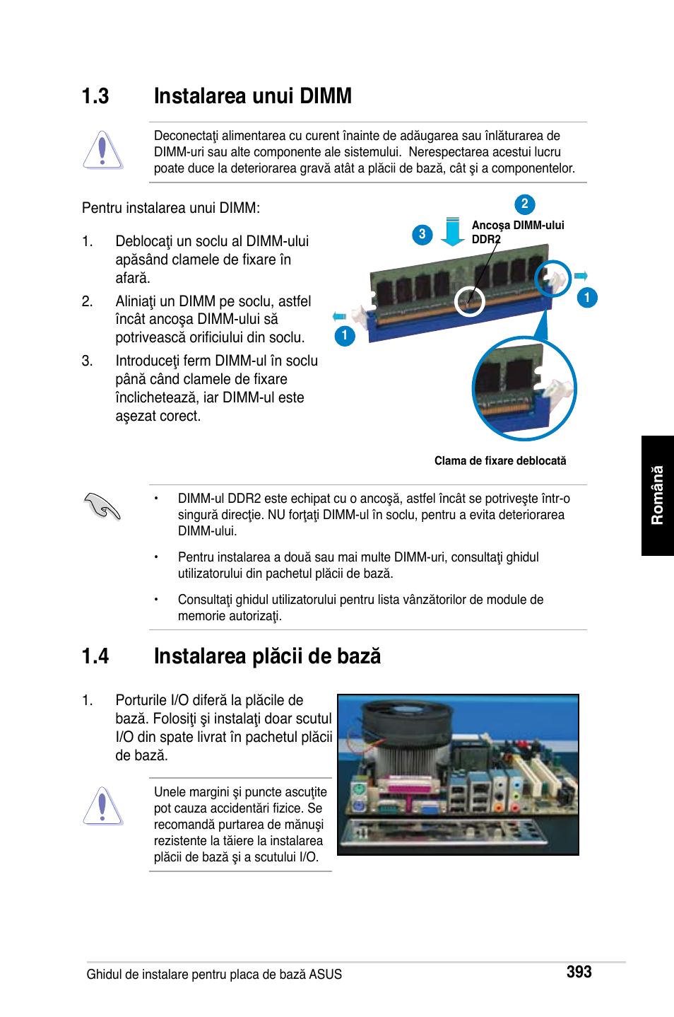 3 instalarea unui dimm, 4 instalarea plăcii de bază | Asus M2Ne User Manual | Page 394 / 691