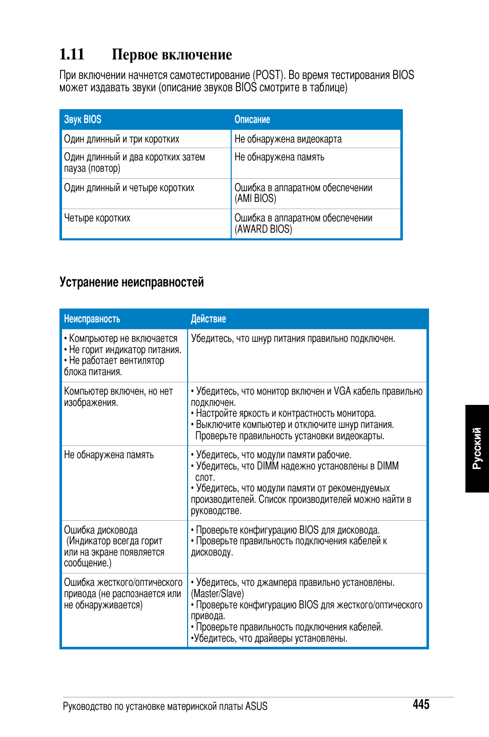 11 первое включение, Устранение неисправностей | Asus M2Ne User Manual | Page 446 / 691