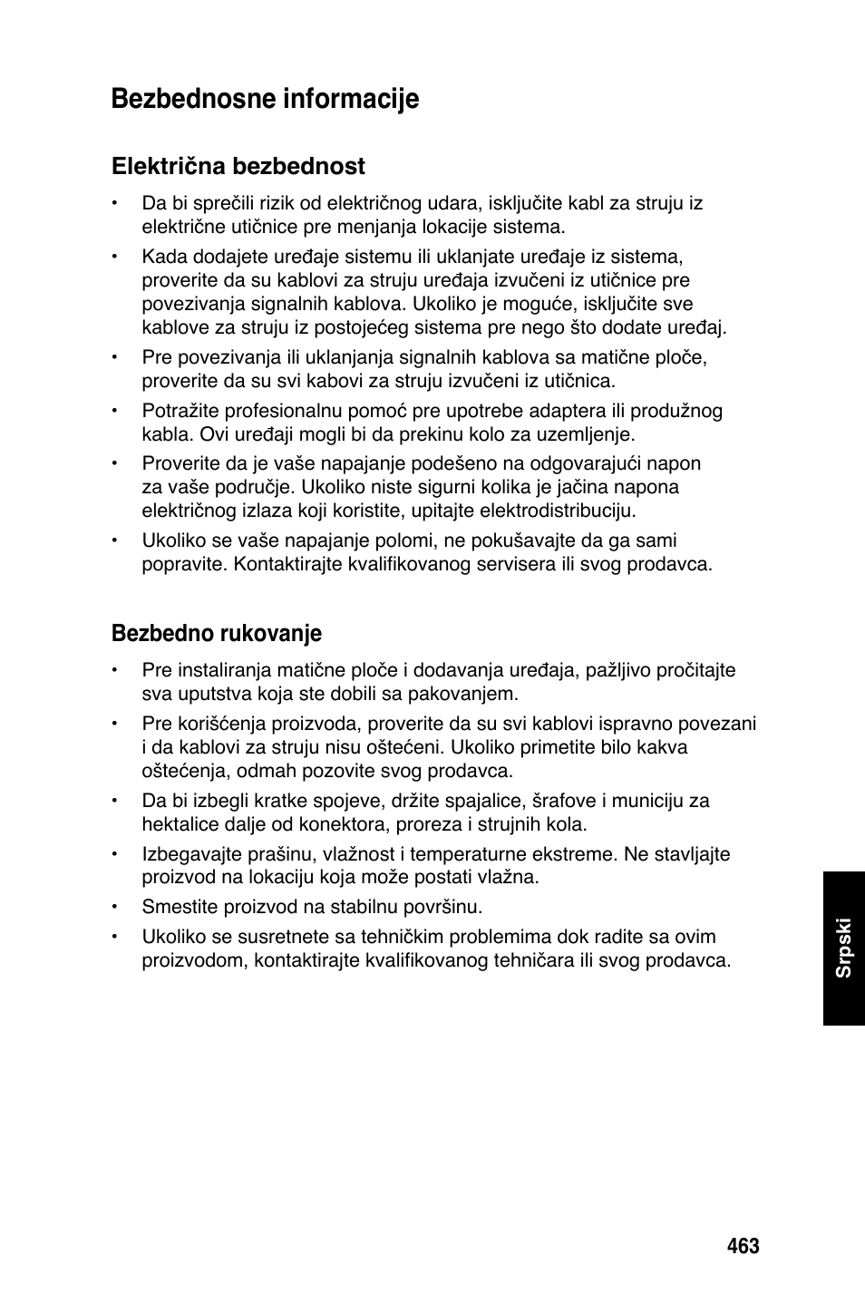 Bezbednosne informacije, Električna bezbednost, Bezbedno rukovanje | Asus M2Ne User Manual | Page 464 / 691