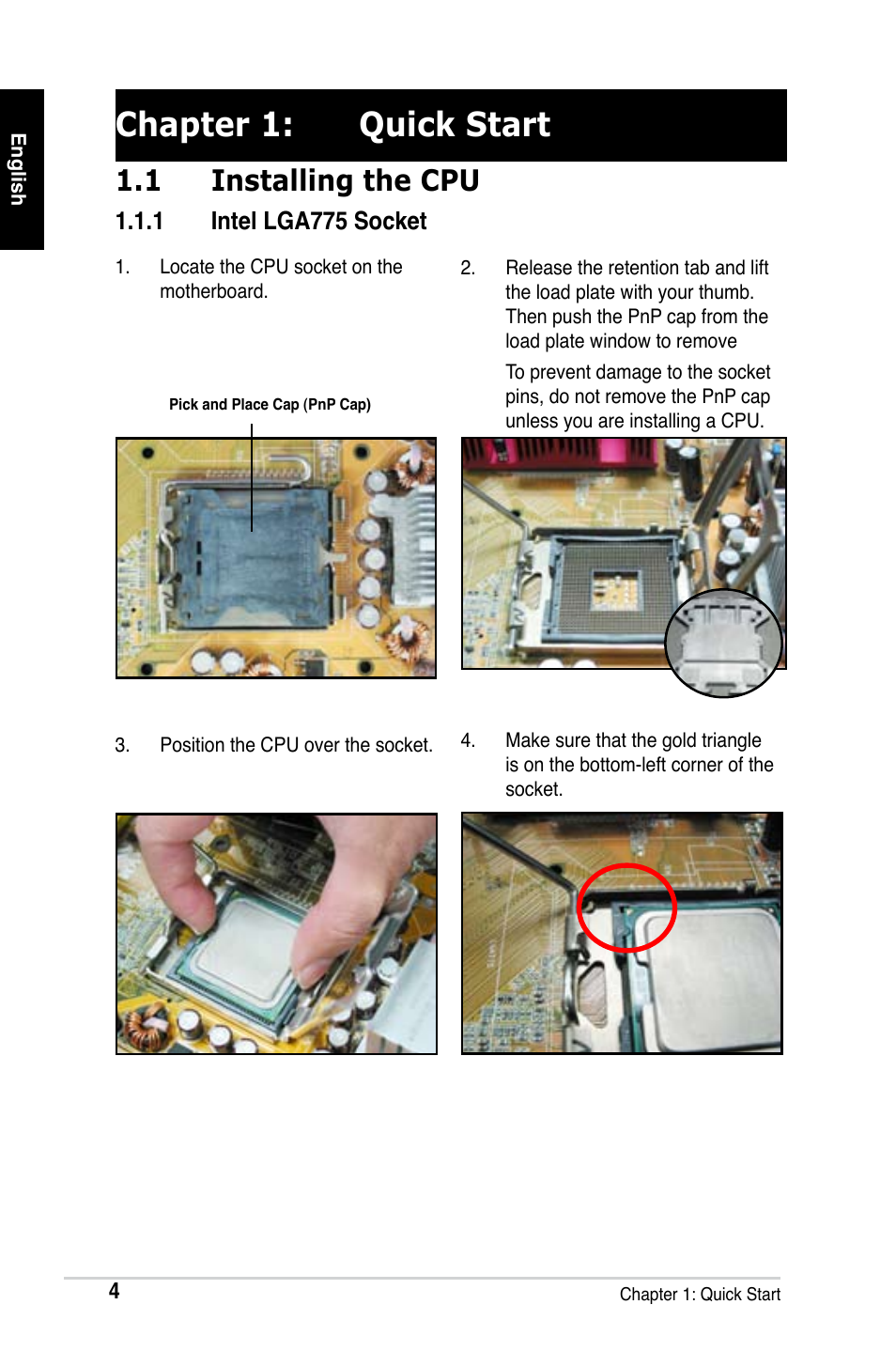 Chapter 1: quick start, 1 installing the cpu | Asus M2Ne User Manual | Page 5 / 691