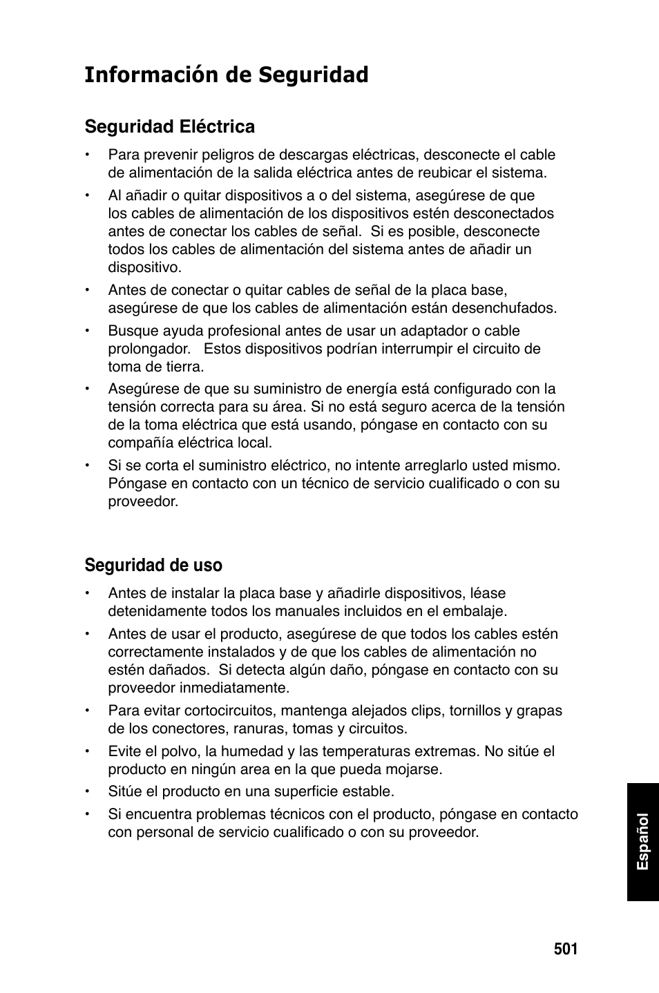 Información de seguridad, Seguridad eléctrica, Seguridad de uso | Asus M2Ne User Manual | Page 502 / 691