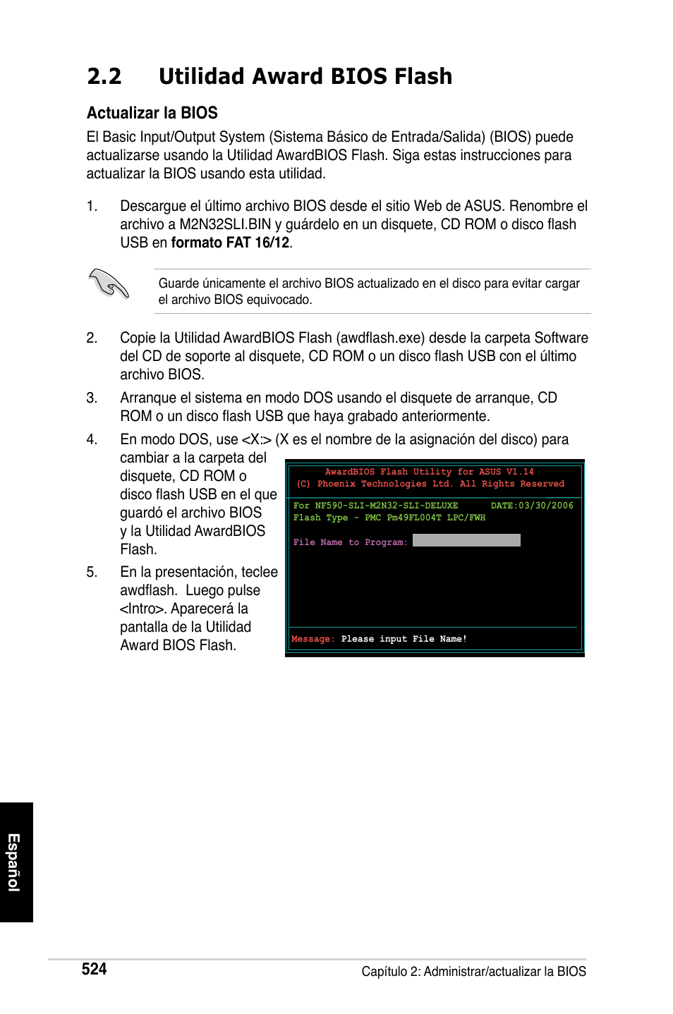 2 utilidad award bios flash, Actualizar la bios | Asus M2Ne User Manual | Page 525 / 691