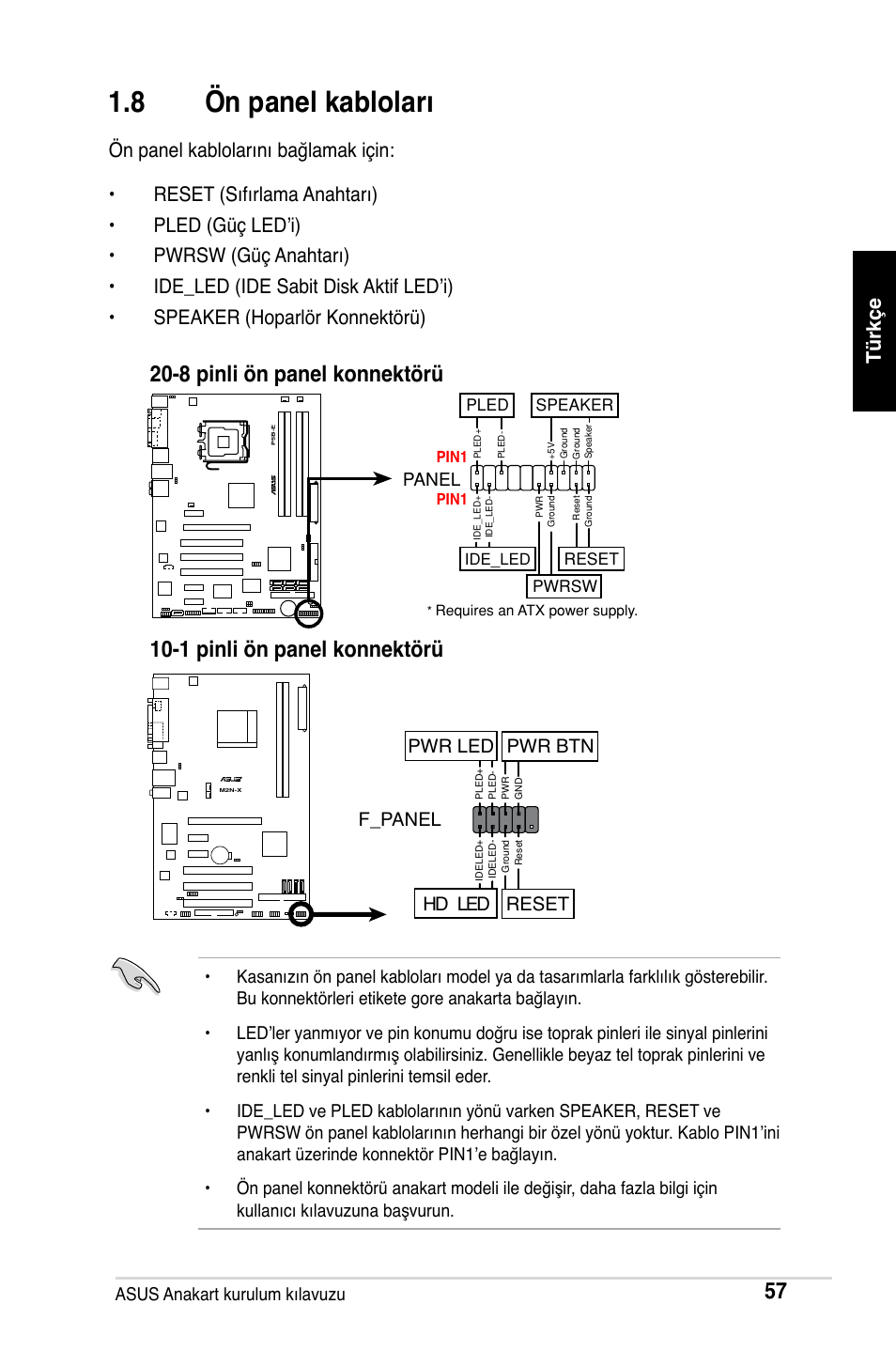 8 ön panel kabloları, F_panel, Hd led reset pwr led pwr btn | Asus M2Ne User Manual | Page 58 / 691