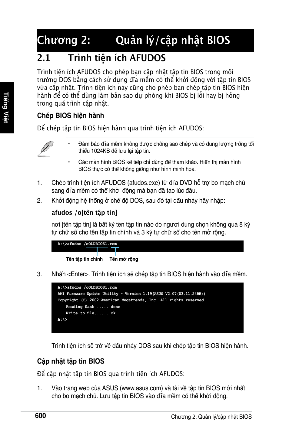 Chương 2: quản lý/cập nhật bios, 1 trình tiện ích afudos | Asus M2Ne User Manual | Page 601 / 691