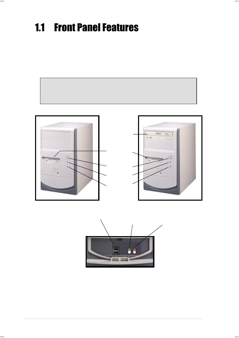 1 front panel features | Asus Terminator Tualatin User Manual | Page 12 / 106