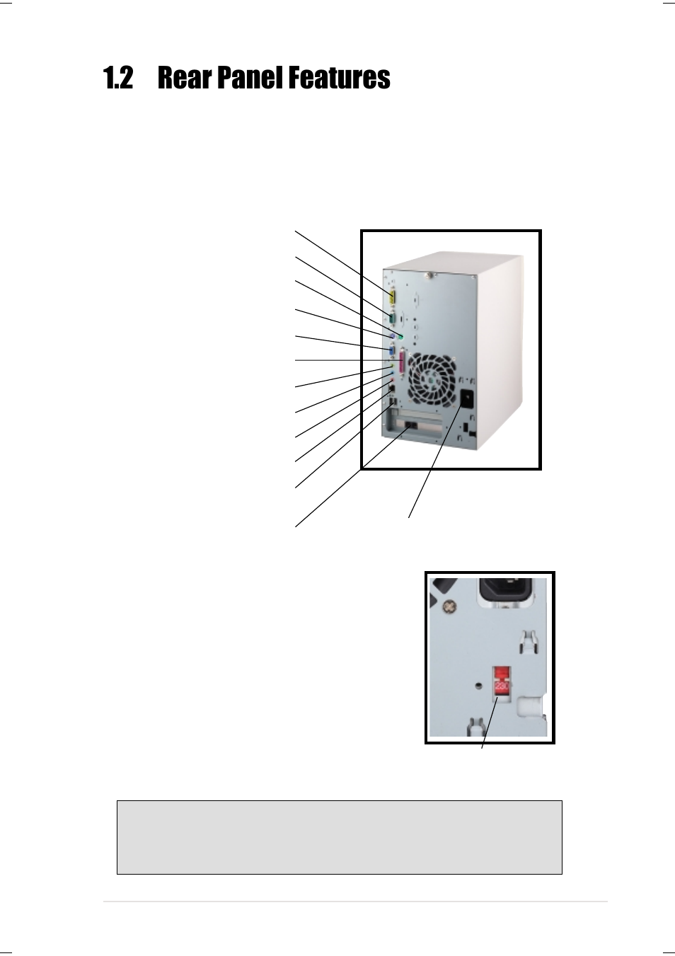 2 rear panel features, Voltage selector | Asus Terminator Tualatin User Manual | Page 13 / 106