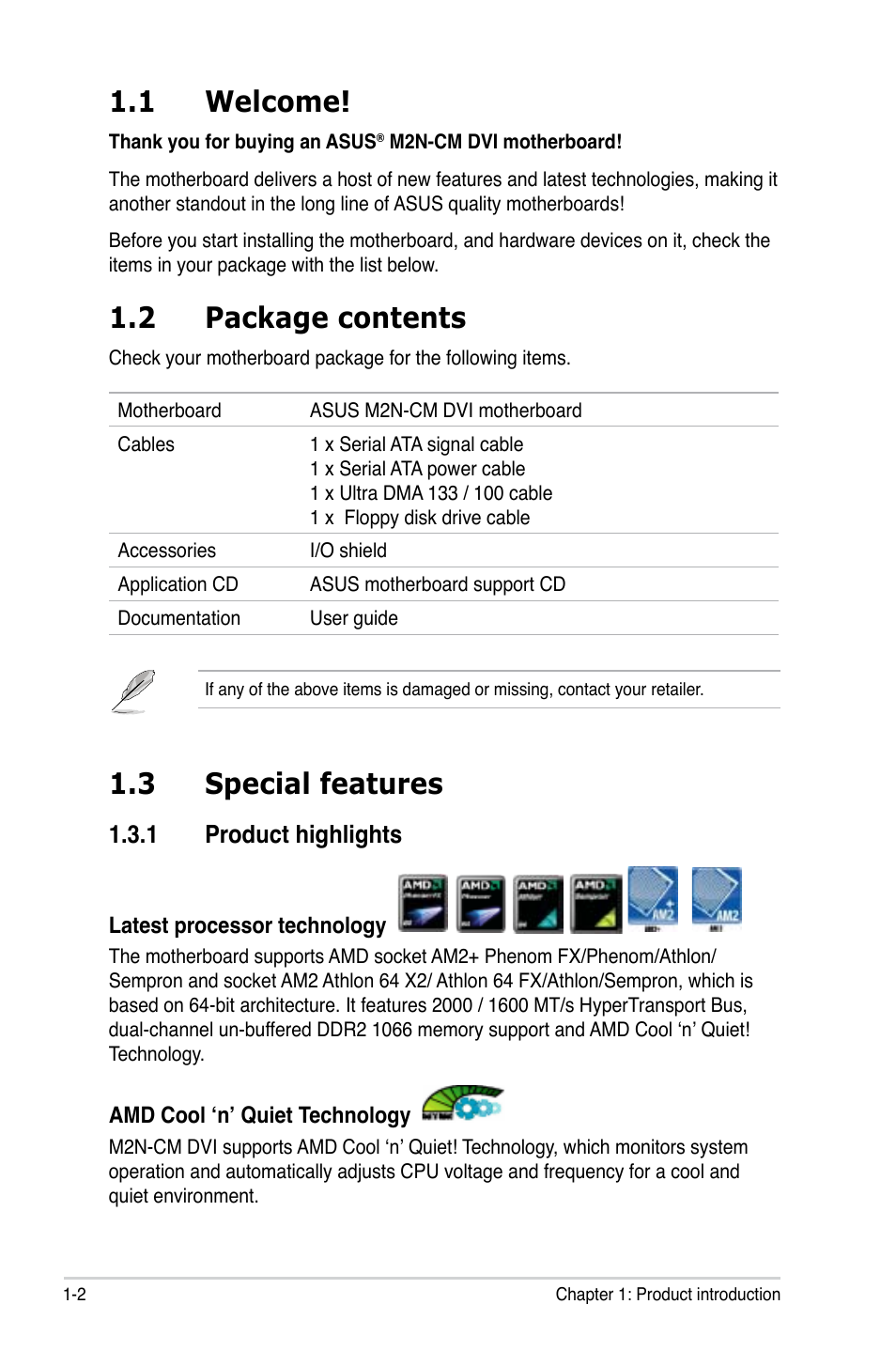 1 welcome, 2 package contents, 3 special features | Asus M2N-VM DVI User Manual | Page 14 / 97