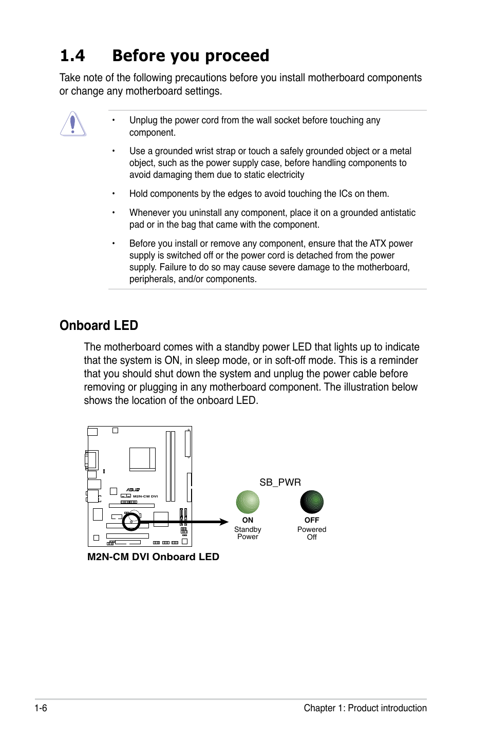 4 before you proceed, Onboard led | Asus M2N-VM DVI User Manual | Page 18 / 97