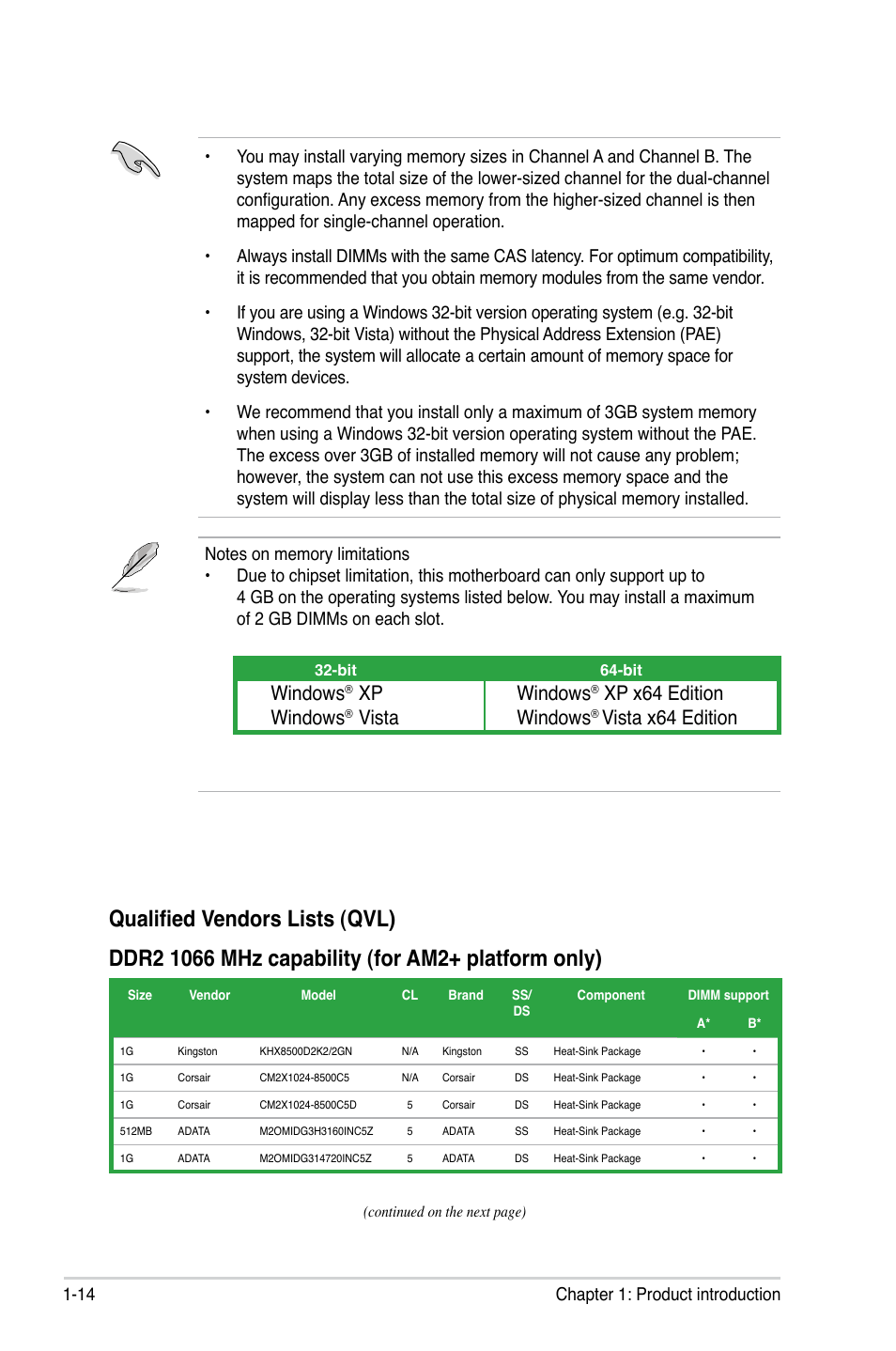 Windows, Xp windows, Xp x64 edition windows | Vista windows, Vista x64 edition, 14 chapter 1: product introduction | Asus M2N-VM DVI User Manual | Page 26 / 97