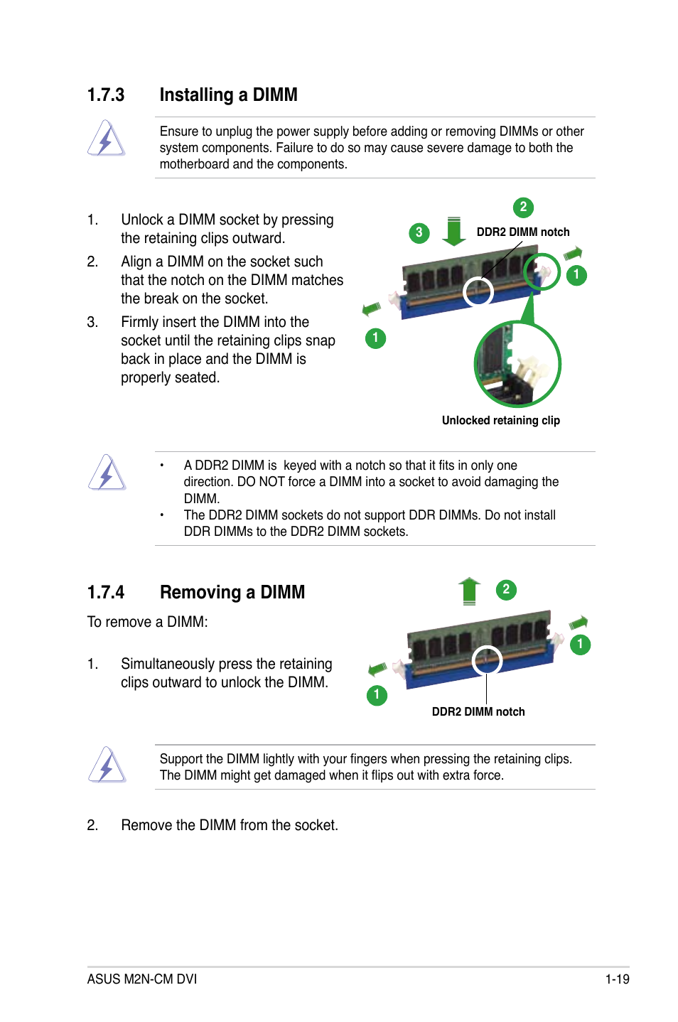 3 installing a dimm, 4 removing a dimm | Asus M2N-VM DVI User Manual | Page 31 / 97