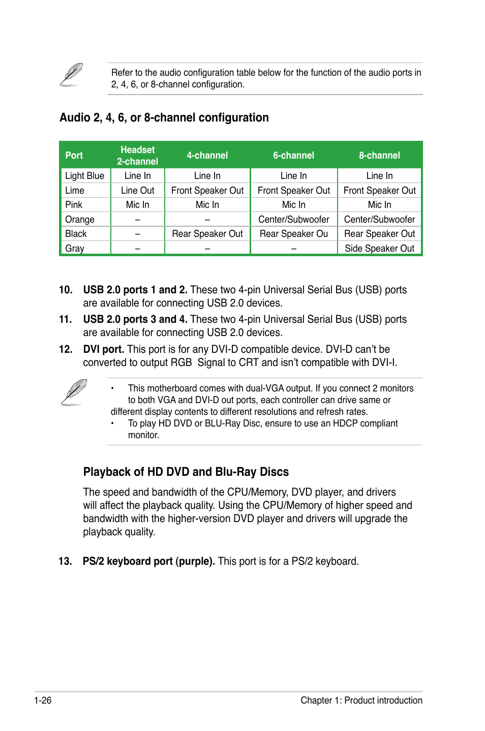 Playback of hd dvd and blu-ray discs, Audio 2, 4, 6, or 8-channel configuration | Asus M2N-VM DVI User Manual | Page 38 / 97