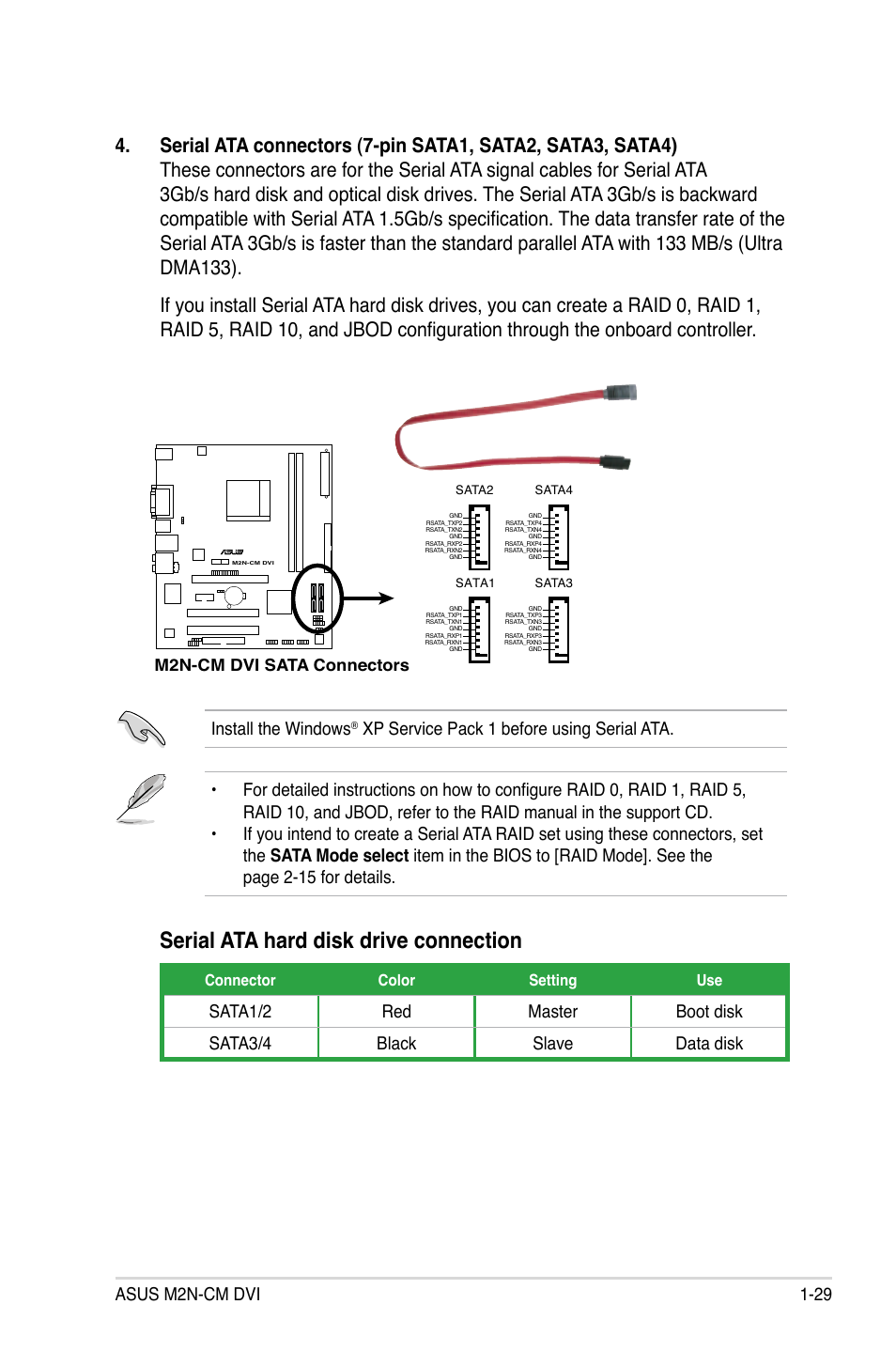 Serial ata hard disk drive connection, Asus m2n-cm dvi 1-29, Install the windows | M2n-cm dvi sata connectors | Asus M2N-VM DVI User Manual | Page 41 / 97