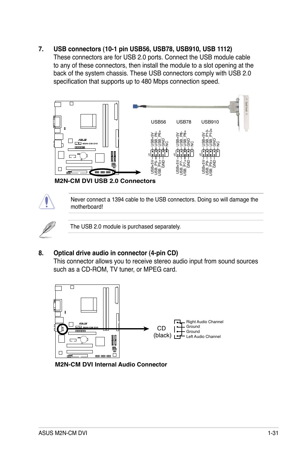 Asus m2n-cm dvi 1-31, The usb 2.0 module is purchased separately, M2n-cm dvi usb 2.0 connectors | M2n-cm dvi internal audio connector cd (black) | Asus M2N-VM DVI User Manual | Page 43 / 97