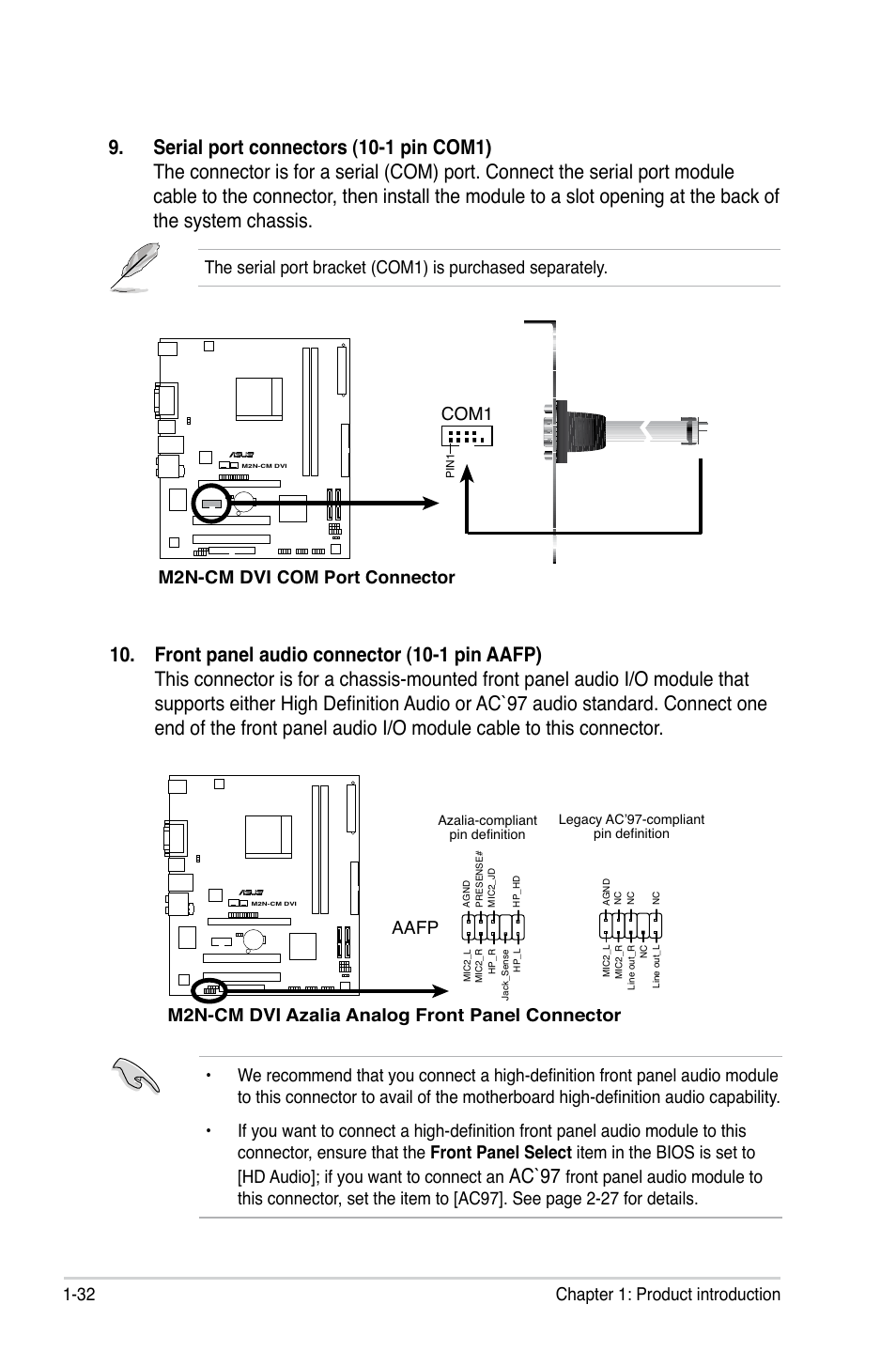 Ac`97, 32 chapter 1: product introduction, M2n-cm dvi com port connector | Com1, M2n-cm dvi azalia analog front panel connector, Aafp | Asus M2N-VM DVI User Manual | Page 44 / 97