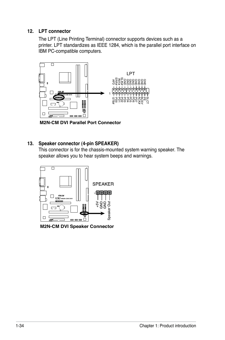 34 chapter 1: product introduction, M2n-cm dvi parallel port connector lpt, M2n-cm dvi speaker connector | Asus M2N-VM DVI User Manual | Page 46 / 97