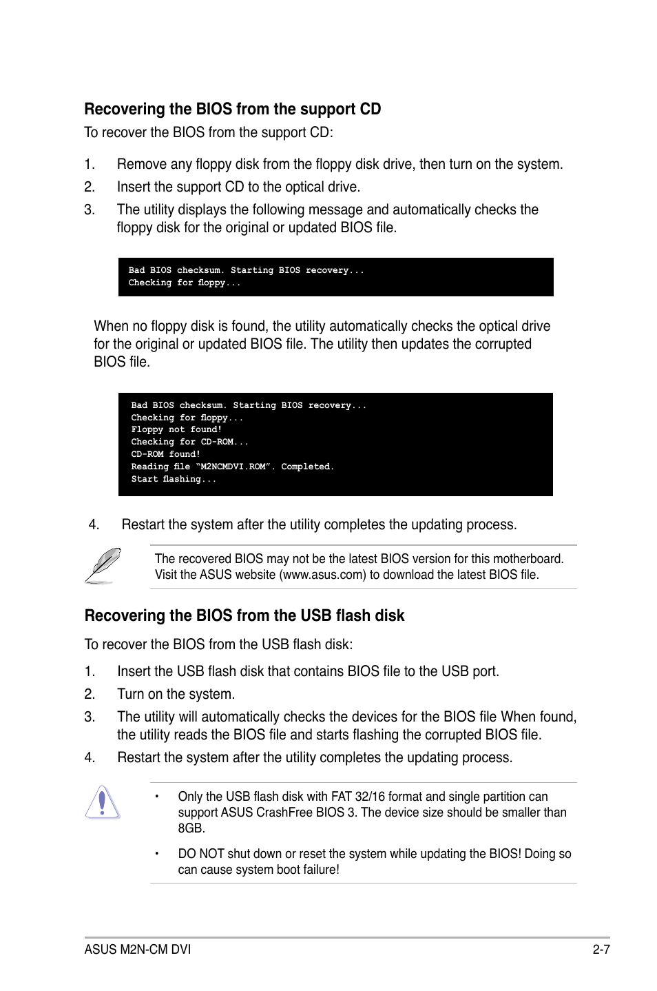 Recovering the bios from the support cd, Recovering the bios from the usb flash disk | Asus M2N-VM DVI User Manual | Page 55 / 97