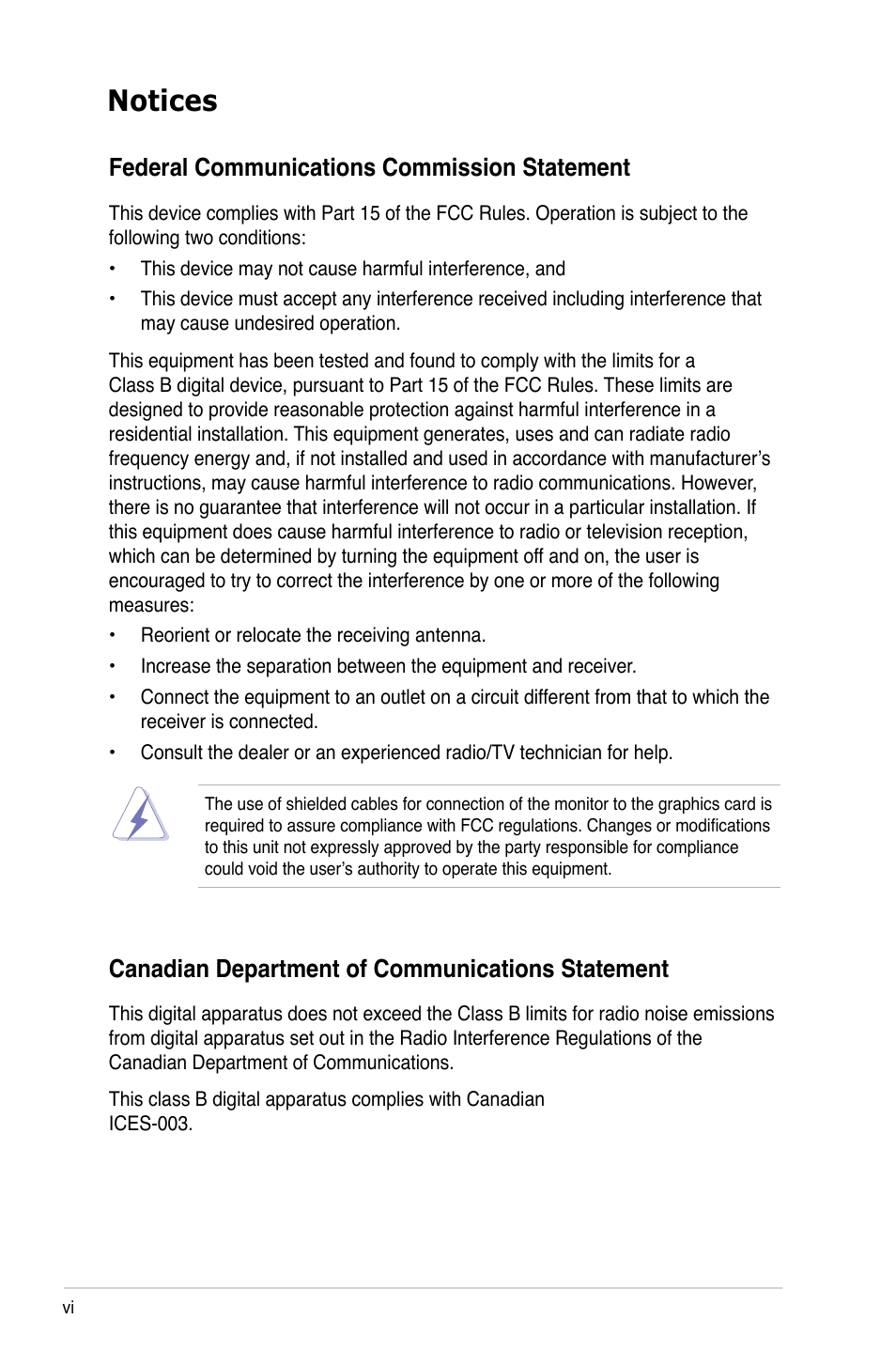 Notices, Federal communications commission statement, Canadian department of communications statement | Asus M2N-VM DVI User Manual | Page 6 / 97