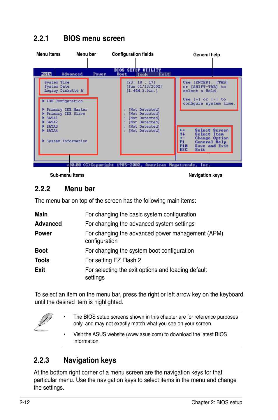 1 bios menu screen, 2 menu bar, 3 navigation keys | Asus M2N-VM DVI User Manual | Page 60 / 97