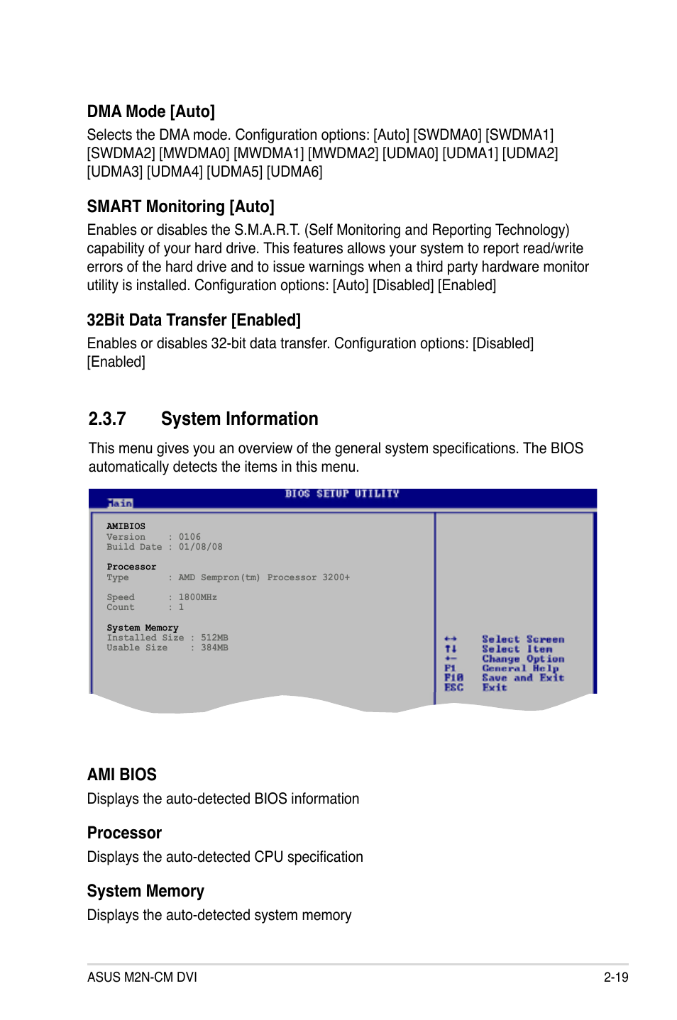 7 system information, Dma mode [auto, Smart monitoring [auto | 32bit data transfer [enabled, Ami bios, Processor | Asus M2N-VM DVI User Manual | Page 67 / 97