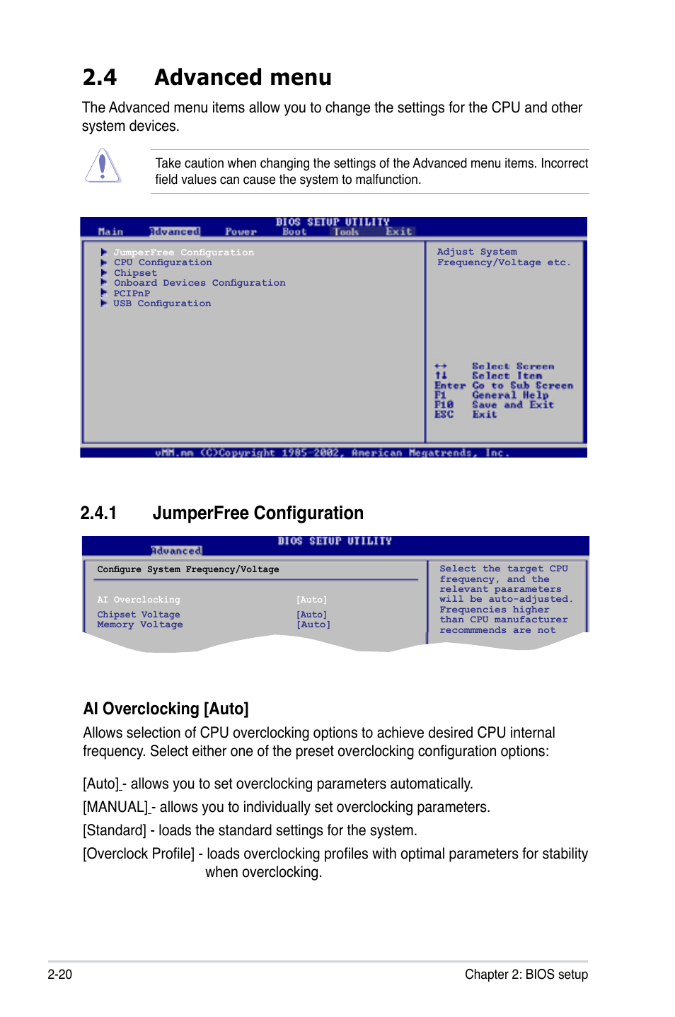 4 advanced menu, 1 jumperfree configuration, Ai overclocking [auto | Asus M2N-VM DVI User Manual | Page 68 / 97