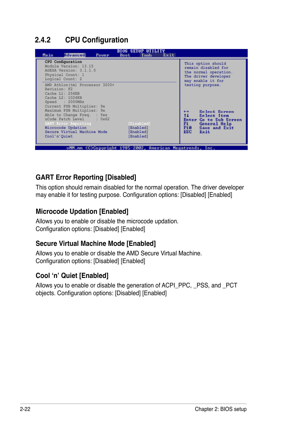 2 cpu configuration, Gart error reporting [disabled, Microcode updation [enabled | Secure virtual machine mode [enabled, Cool ‘n’ quiet [enabled | Asus M2N-VM DVI User Manual | Page 70 / 97