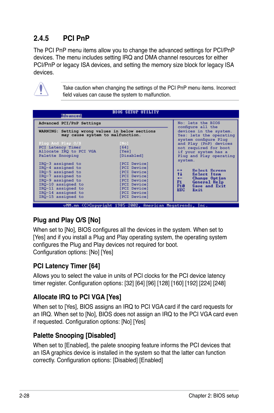 5 pci pnp, Plug and play o/s [no, Pci latency timer [64 | Allocate irq to pci vga [yes, Palette snooping [disabled | Asus M2N-VM DVI User Manual | Page 76 / 97