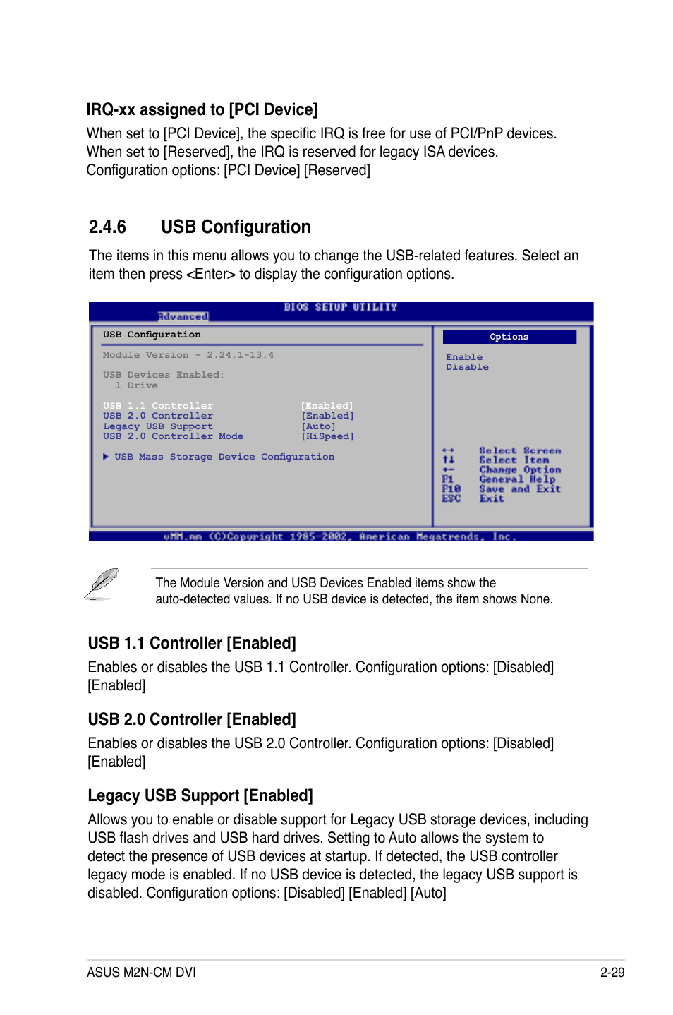 6 usb configuration, Irq-xx assigned to [pci device, Usb 1.1 controller [enabled | Usb 2.0 controller [enabled, Legacy usb support [enabled | Asus M2N-VM DVI User Manual | Page 77 / 97