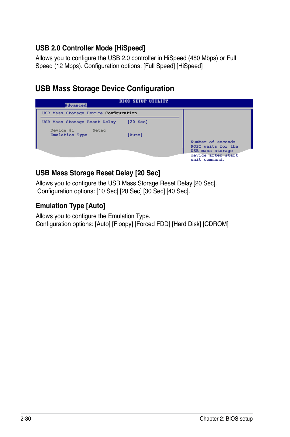 Usb mass storage device configuration, Usb 2.0 controller mode [hispeed, Usb mass storage reset delay [20 sec | Emulation type [auto, Allows you to configure the emulation type | Asus M2N-VM DVI User Manual | Page 78 / 97