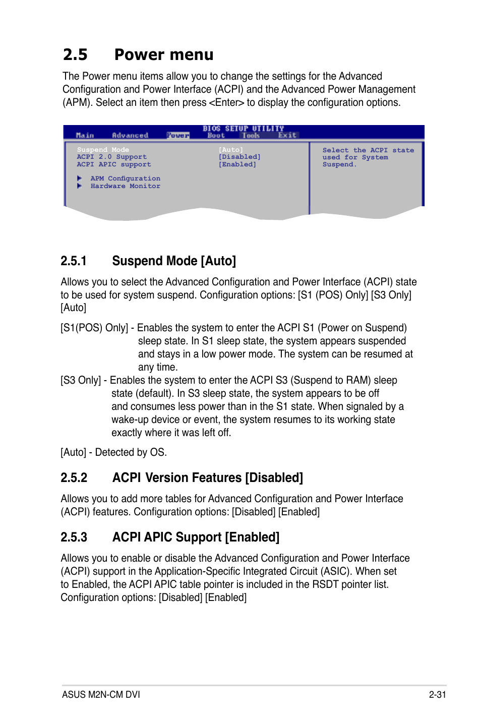 5 power menu, 1 suspend mode [auto, 2 acpi | Version features [disabled, 3 acpi apic support [enabled | Asus M2N-VM DVI User Manual | Page 79 / 97