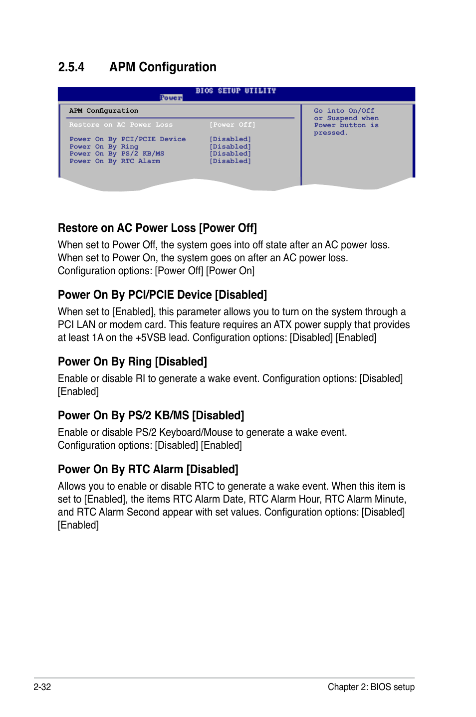 4 apm configuration, Restore on ac power loss [power off, Power on by pci/pcie device [disabled | Power on by ring [disabled, Power on by ps/2 kb/ms [disabled, Power on by rtc alarm [disabled | Asus M2N-VM DVI User Manual | Page 80 / 97