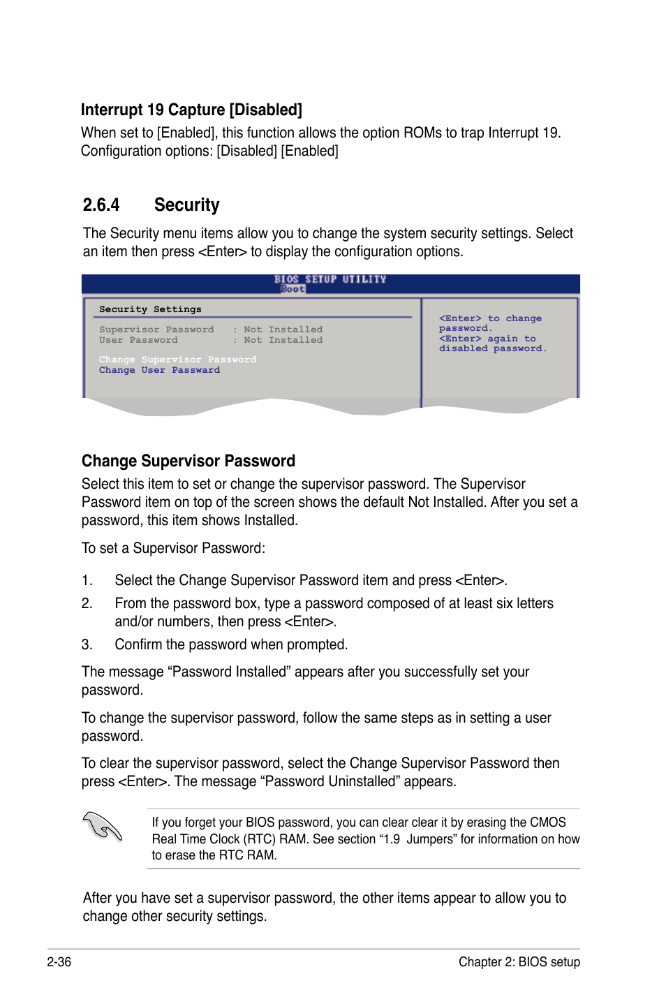 4 security, Interrupt 19 capture [disabled, Change supervisor password | Asus M2N-VM DVI User Manual | Page 84 / 97