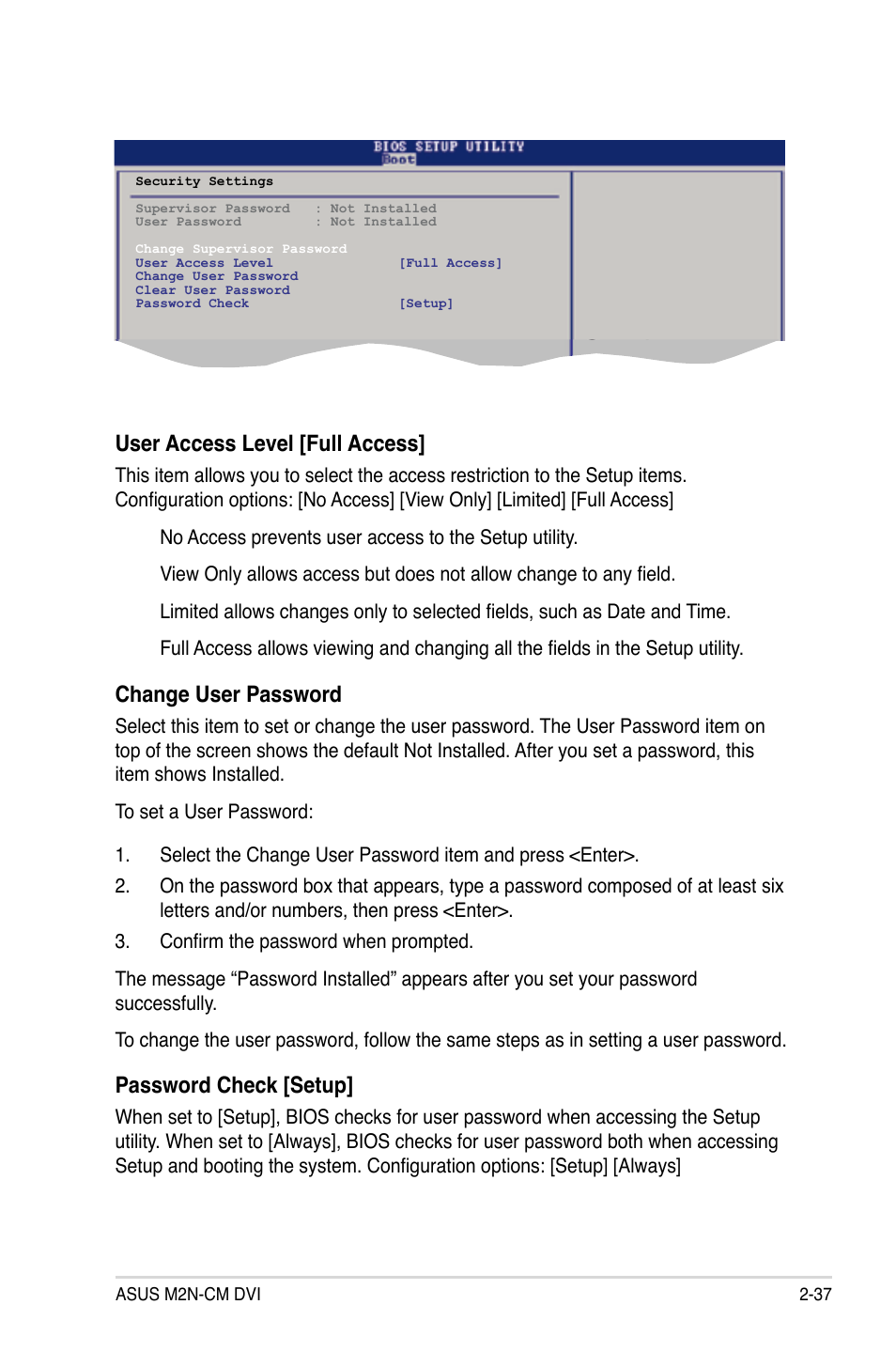 User access level [full access, Change user password, Password check [setup | Asus M2N-VM DVI User Manual | Page 85 / 97