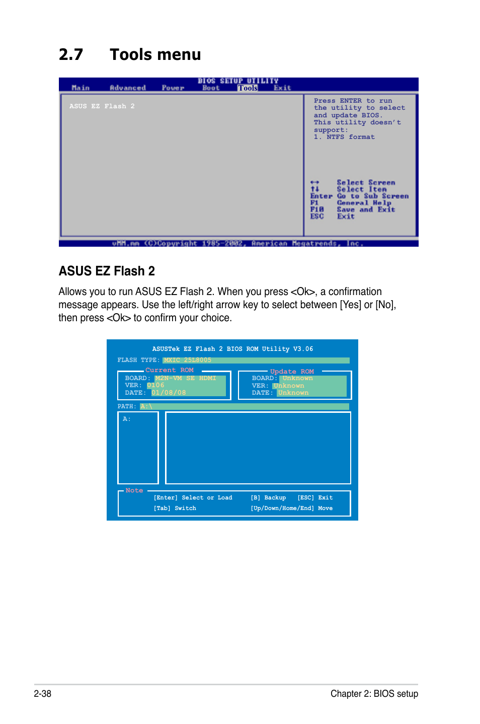 7 tools menu, Asus ez flash 2 | Asus M2N-VM DVI User Manual | Page 86 / 97