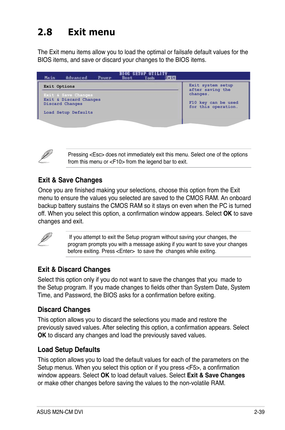 8 exit menu, Exit & discard changes, Discard changes | Load setup defaults, Exit & save changes | Asus M2N-VM DVI User Manual | Page 87 / 97