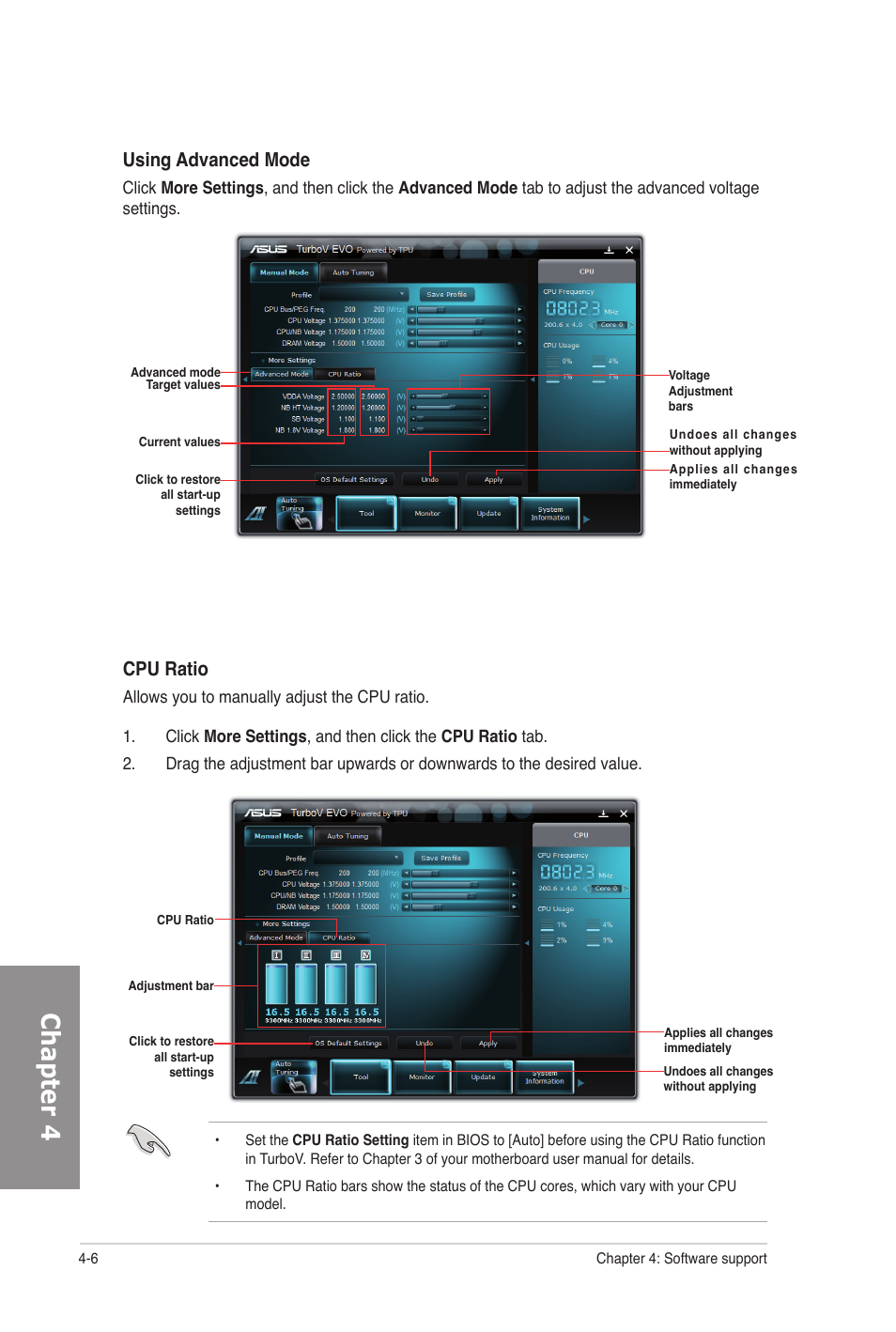 Chapter 4, Using advanced mode, Cpu ratio | Asus M5A97 EVO User Manual | Page 106 / 132