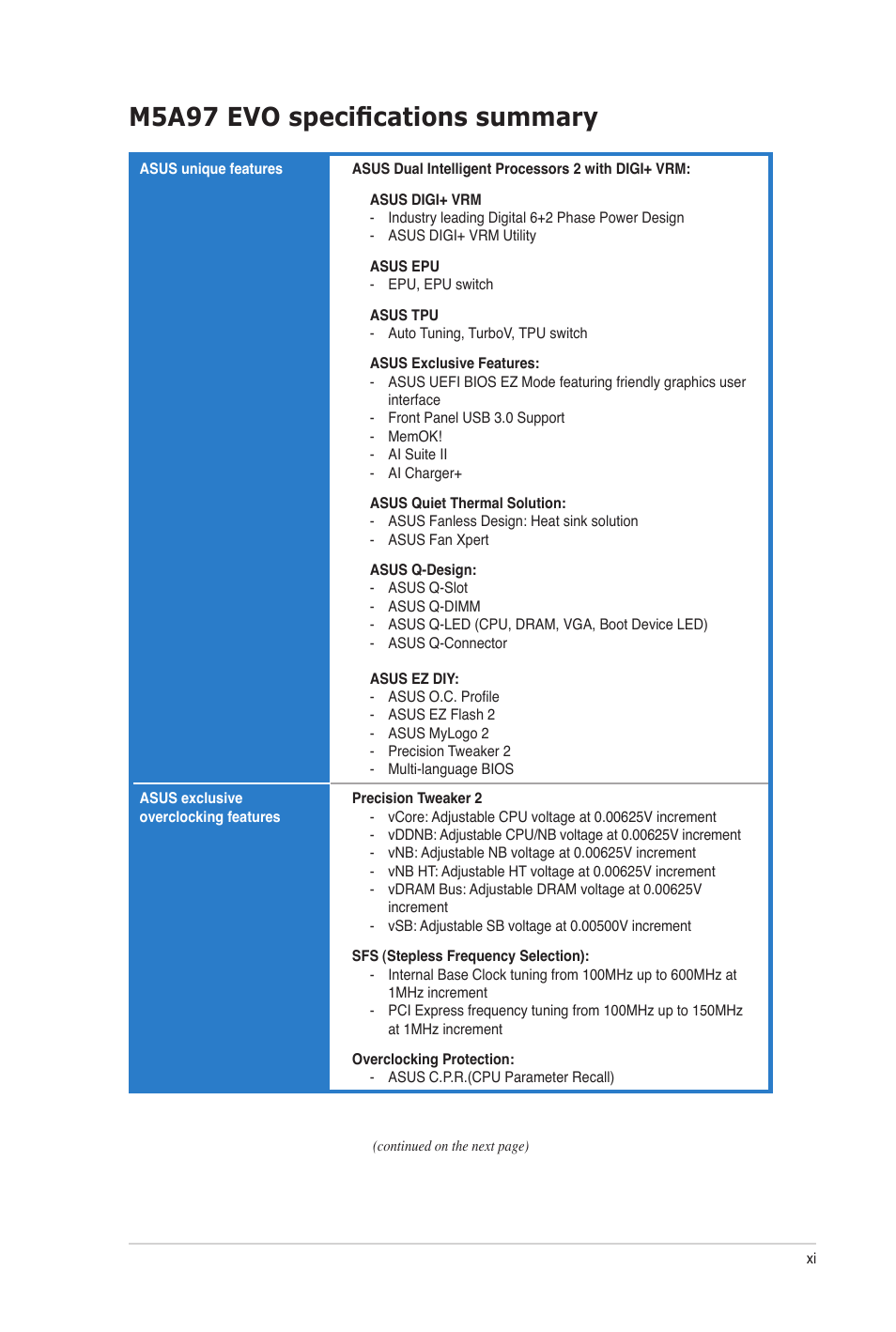 M5a97 evo specifications summary | Asus M5A97 EVO User Manual | Page 11 / 132