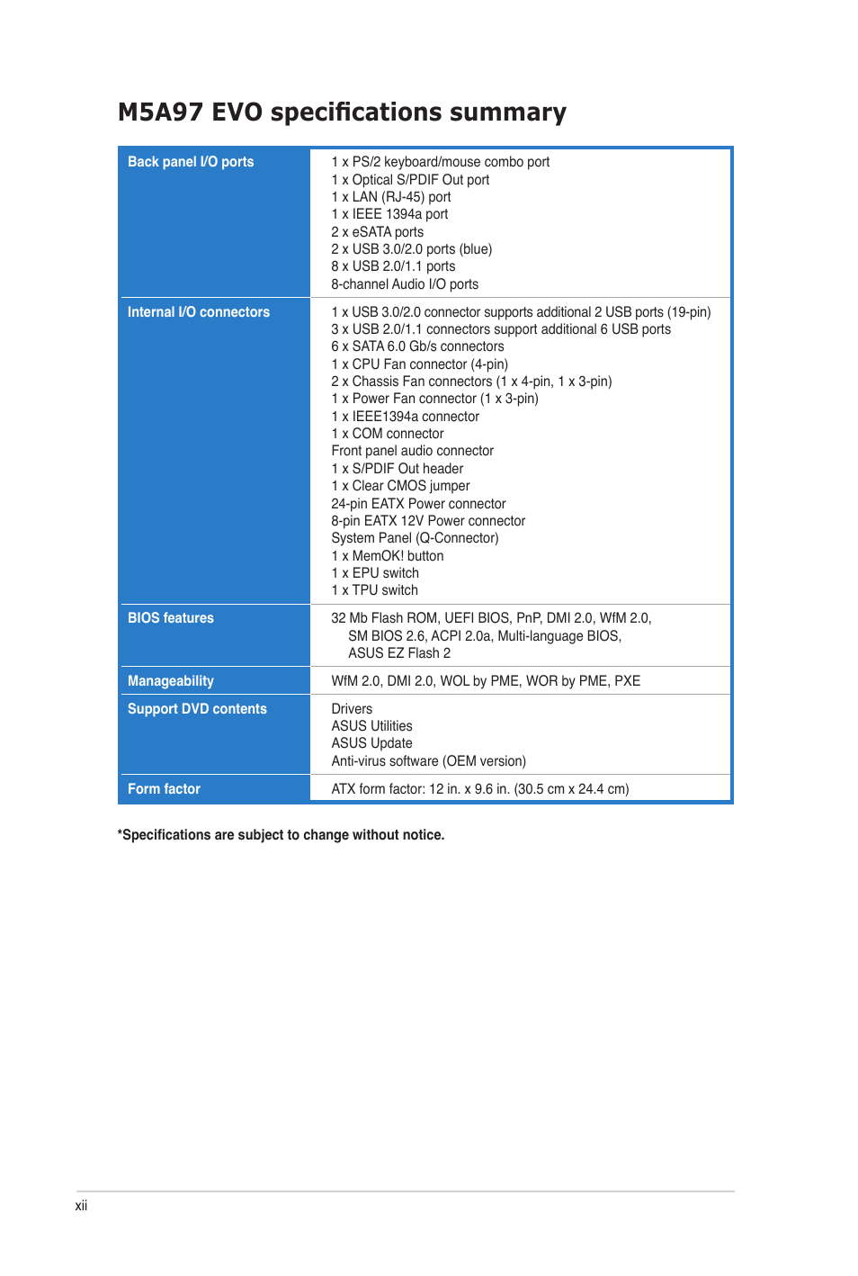 M5a97 evo specifications summary | Asus M5A97 EVO User Manual | Page 12 / 132