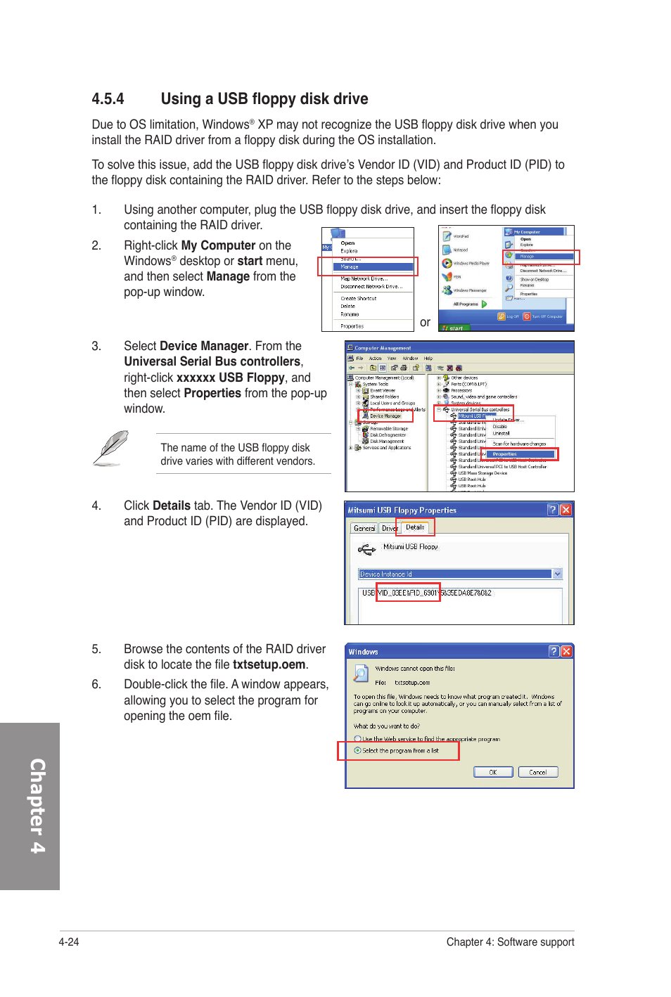 4 using a usb floppy disk drive, Using a usb floppy disk drive -24, Chapter 4 | Asus M5A97 EVO User Manual | Page 124 / 132