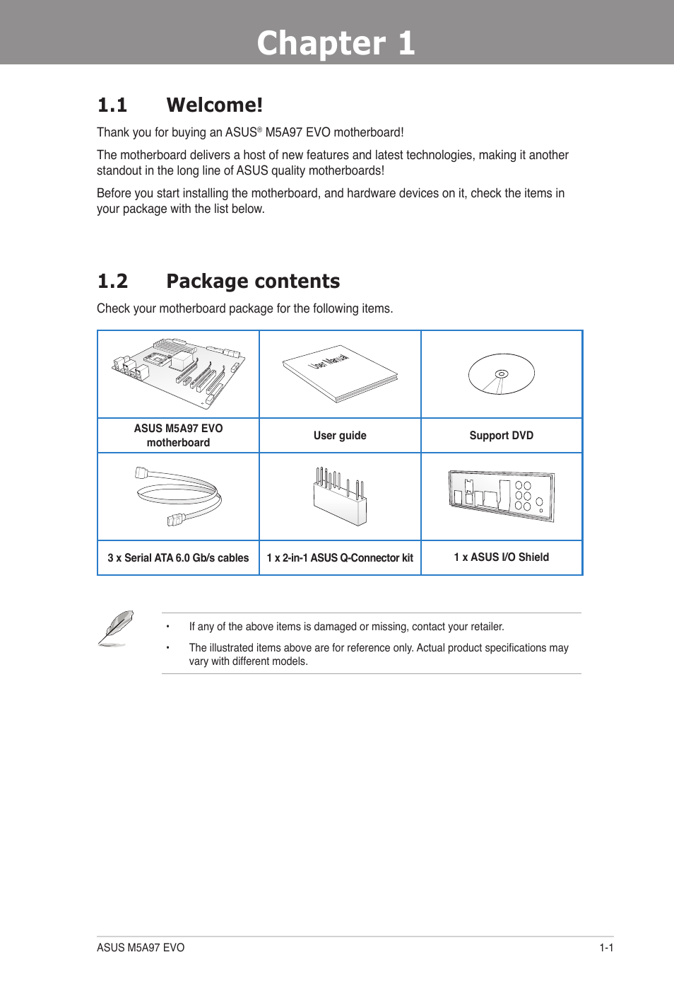 Chapter 1: product introduction, 1 welcome, 2 package contents | Chapter 1, Product introduction, Welcome! -1, Package contents -1, Chapter 1 1.1 welcome | Asus M5A97 EVO User Manual | Page 13 / 132