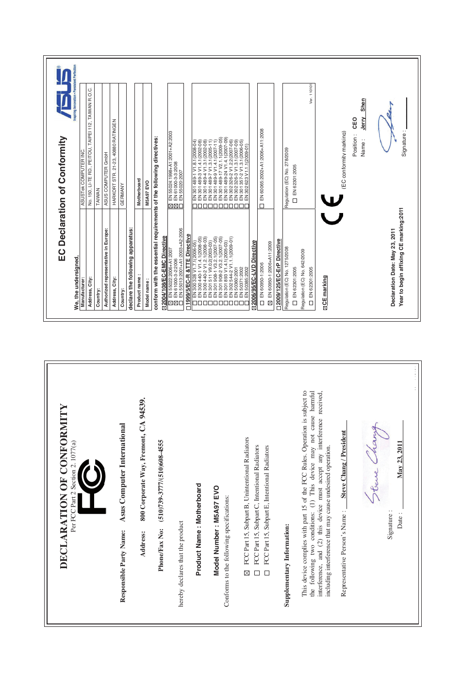 Declaration of conformity, Ec declaration of conformity, Asu s c om pu te r i nt er na tio na l | Asus M5A97 EVO User Manual | Page 132 / 132