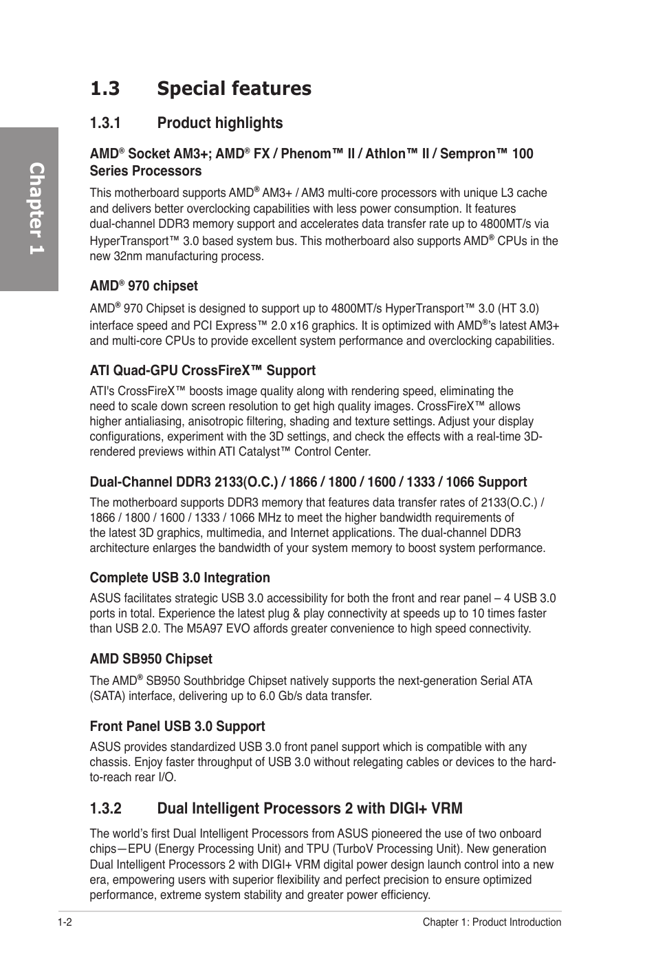 3 special features, 1 product highlights, 2 dual intelligent processors 2 with digi+ vrm | Special features -2 1.3.1, Product highlights -2, Dual intelligent processors 2 with digi+ vrm -2, Chapter 1 1.3 special features | Asus M5A97 EVO User Manual | Page 14 / 132