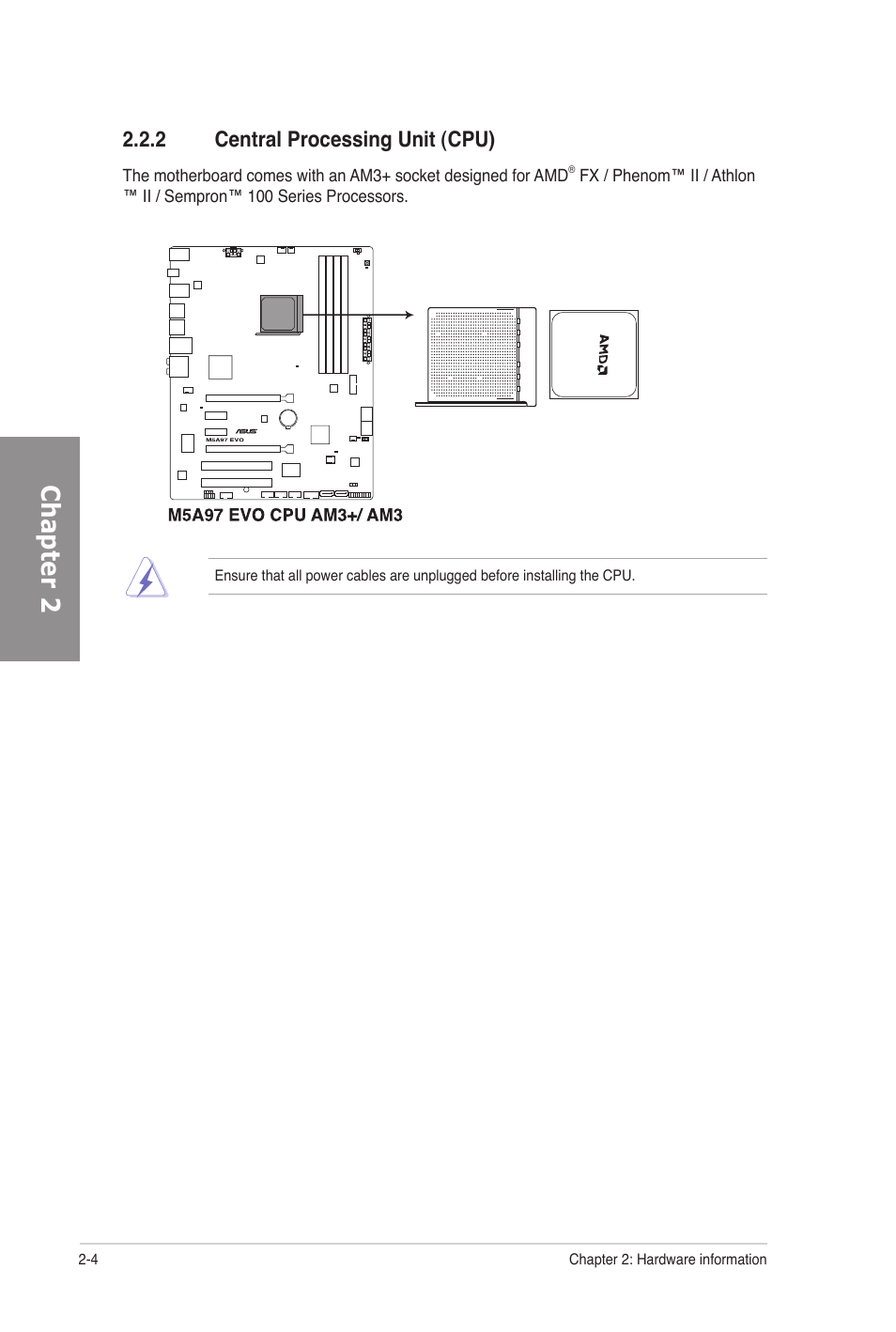 2 central processing unit (cpu), Central processing unit (cpu) -4, Chapter 2 | Asus M5A97 EVO User Manual | Page 22 / 132