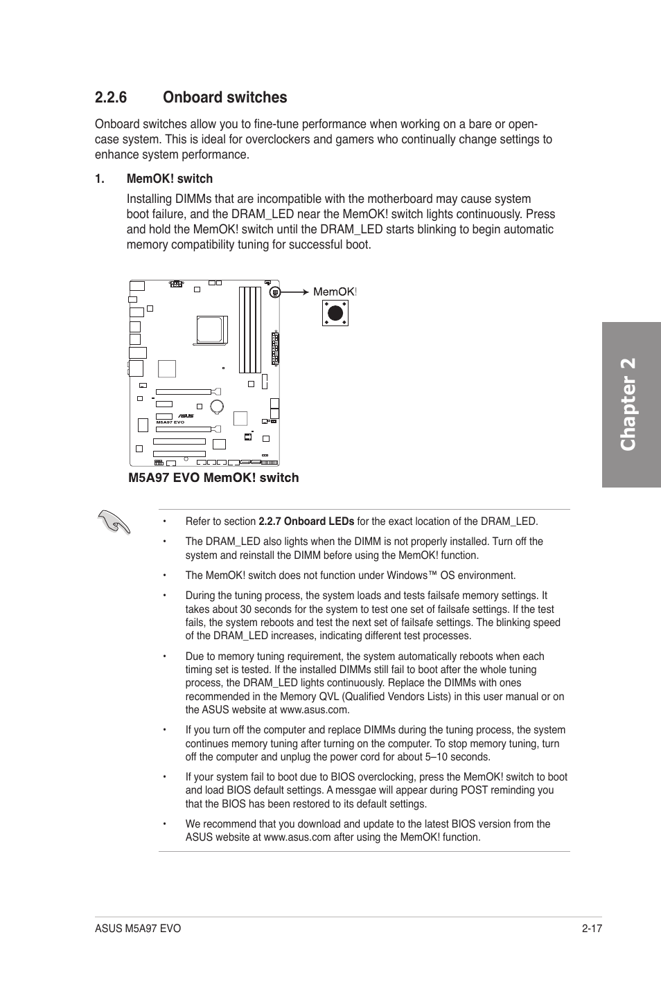 6 onboard switches, Onboard switches -17, Chapter 2 | Asus M5A97 EVO User Manual | Page 35 / 132