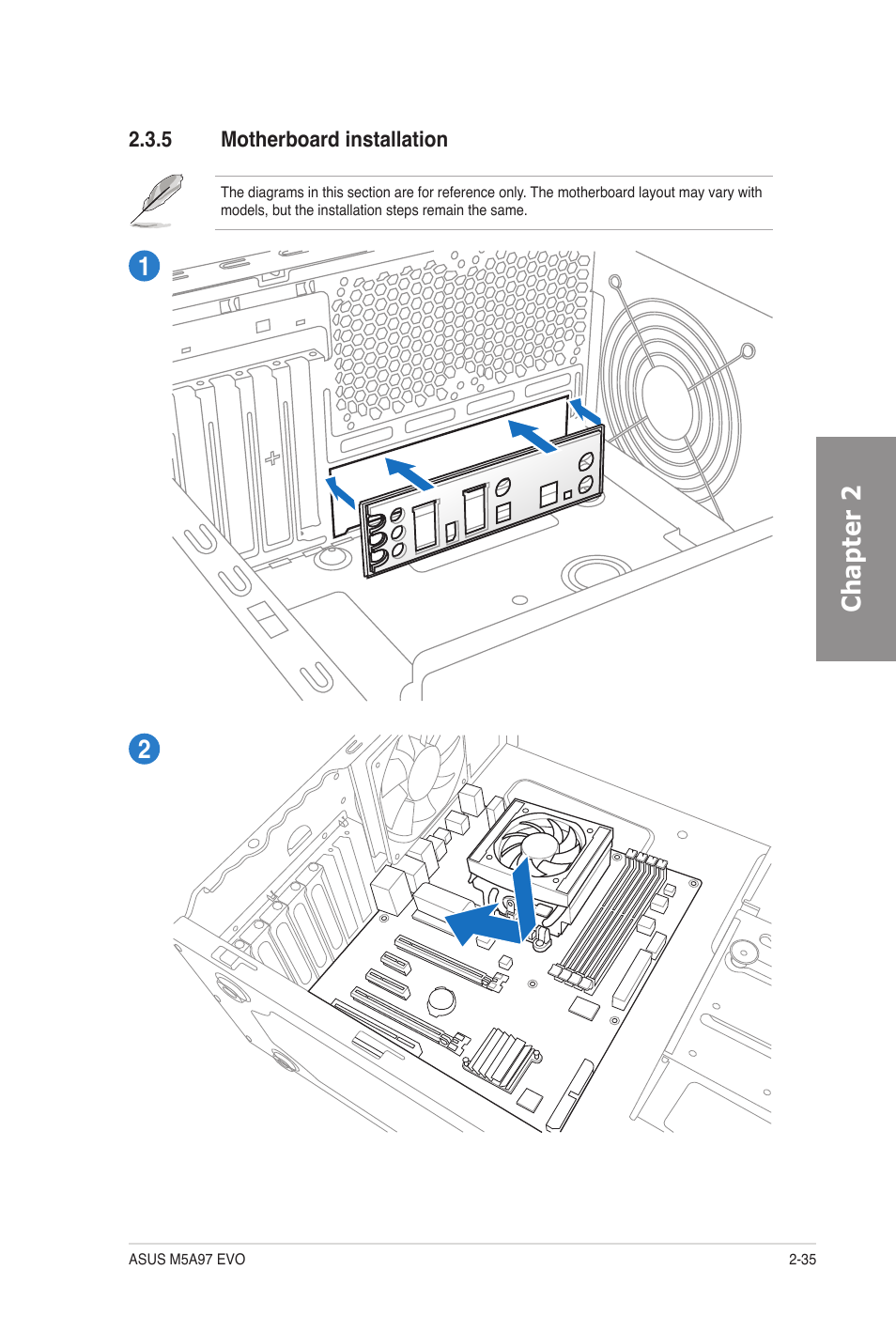 5 motherboard installation, Motherboard installation -35, Chapter 2 | Asus M5A97 EVO User Manual | Page 53 / 132