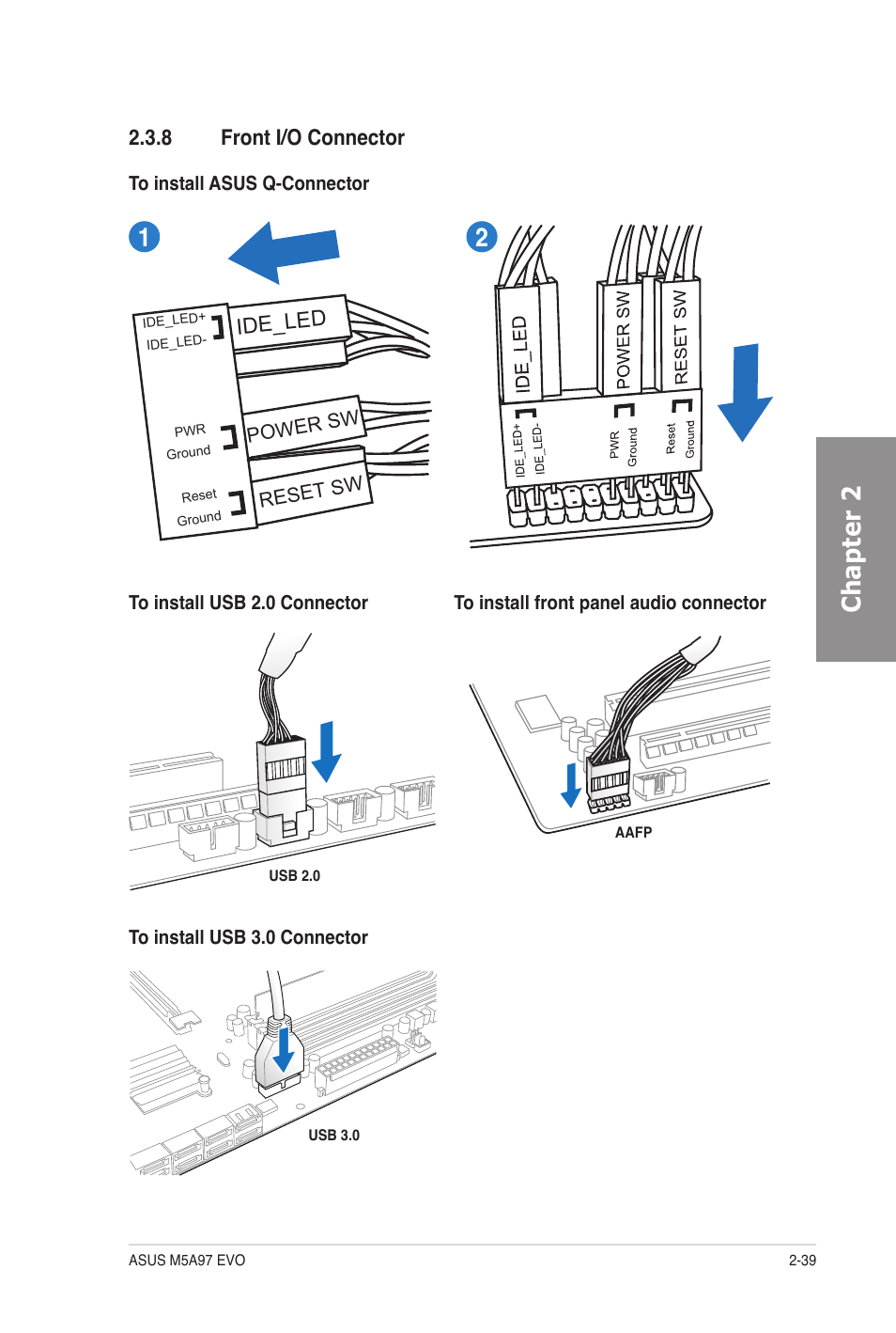 8 front i/o connector, Front i/o connector -39, Chapter 2 | 8 front i/o connector ide_led | Asus M5A97 EVO User Manual | Page 57 / 132