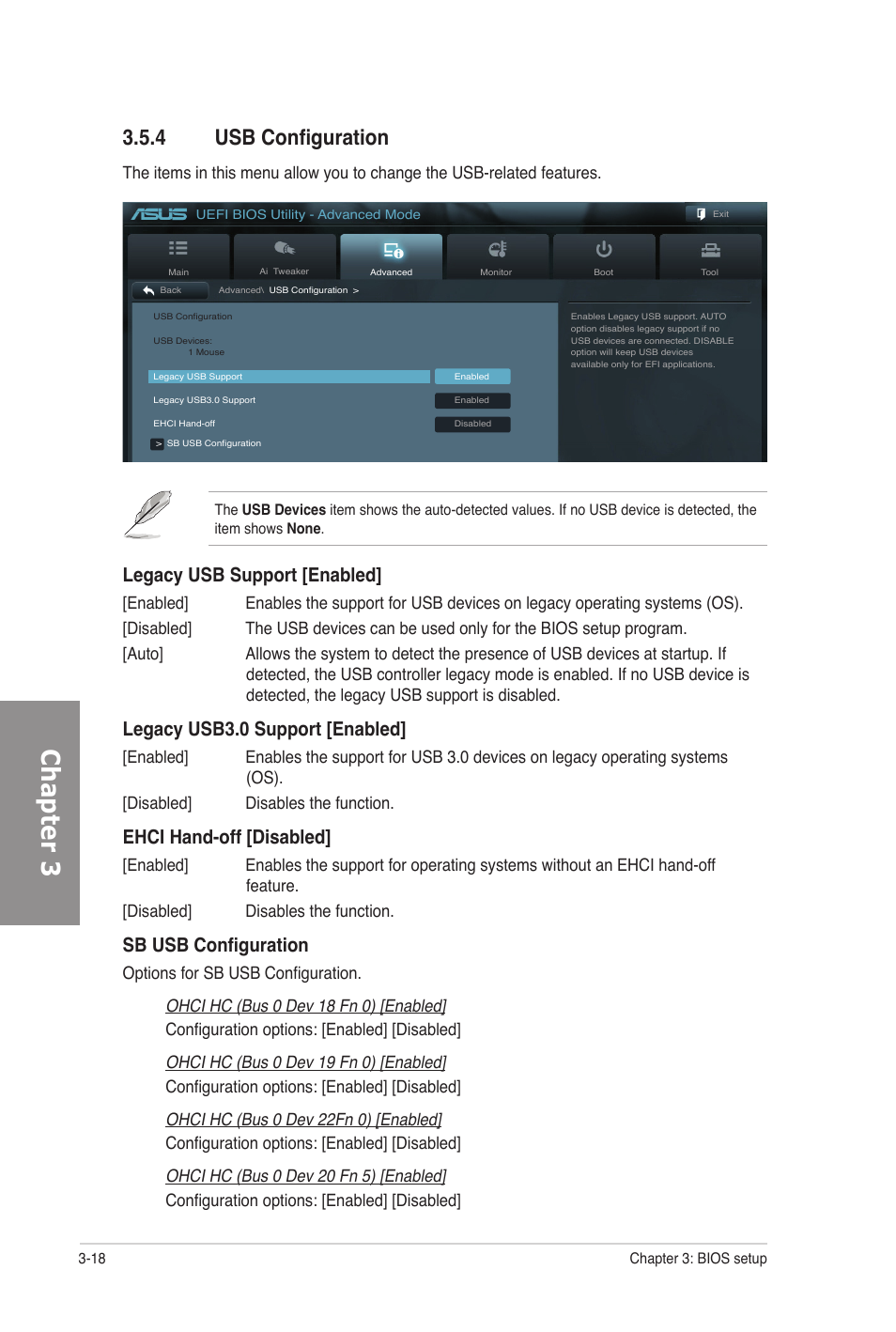 4 usb configuration, Usb configuration -18, Chapter 3 | Legacy usb support [enabled, Legacy usb3.0 support [enabled, Ehci hand-off [disabled, Sb usb configuration | Asus M5A97 EVO User Manual | Page 82 / 132