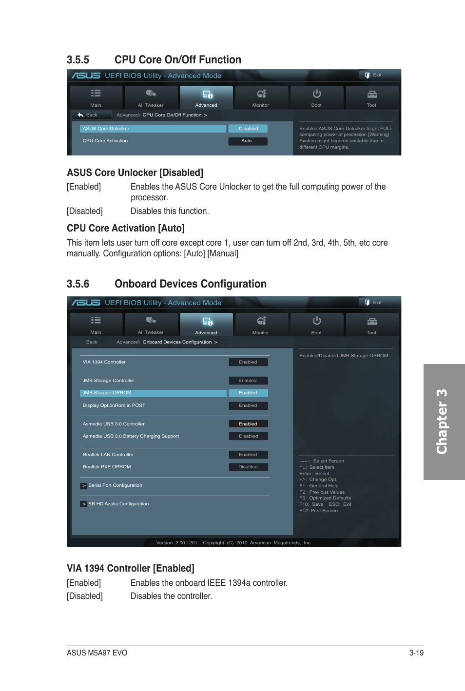 5 cpu core on/off function, 6 onboard devices configuration, Cpu core on/off function -19 | Onboard devices configuration -19, Chapter 3, Asus core unlocker [disabled, Cpu core activation [auto, Via 1394 controller [enabled | Asus M5A97 EVO User Manual | Page 83 / 132