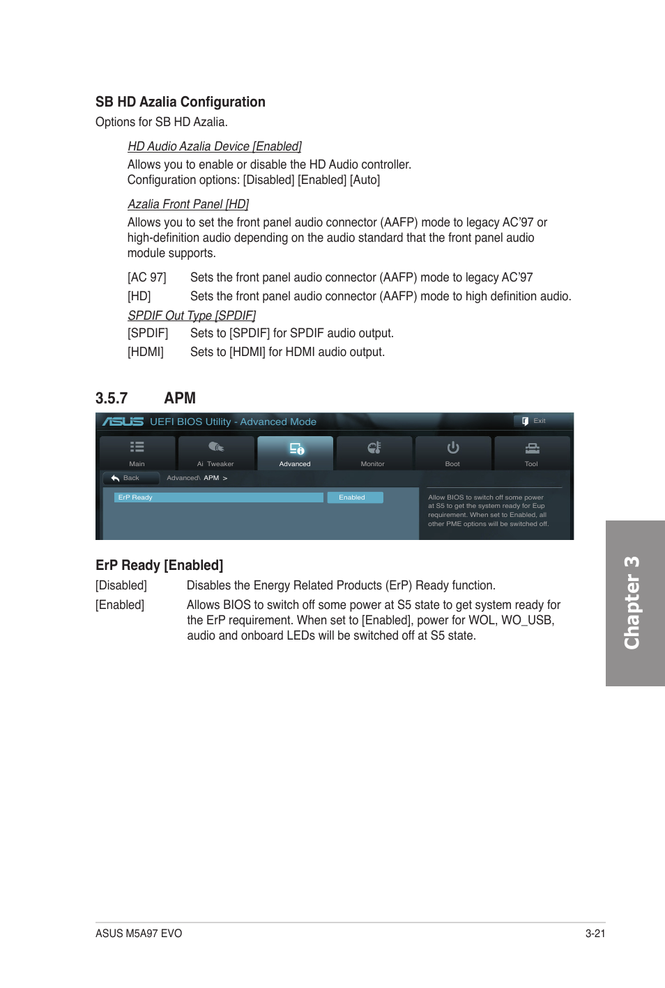 7 apm, Apm -21, Chapter 3 | Sb hd azalia configuration, Erp ready [enabled | Asus M5A97 EVO User Manual | Page 85 / 132